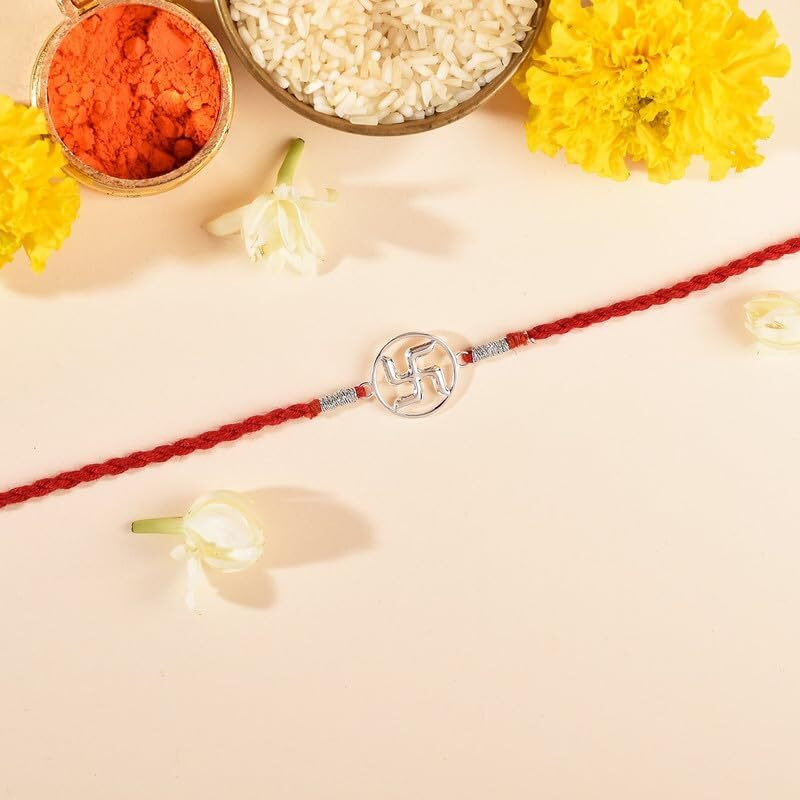 Roovi Pure 925 Sterling Silver Swastik Rakhi For Brother I Auithenticity Certificate & 925 Hallmark | Rakshabandhan Rakhi Set