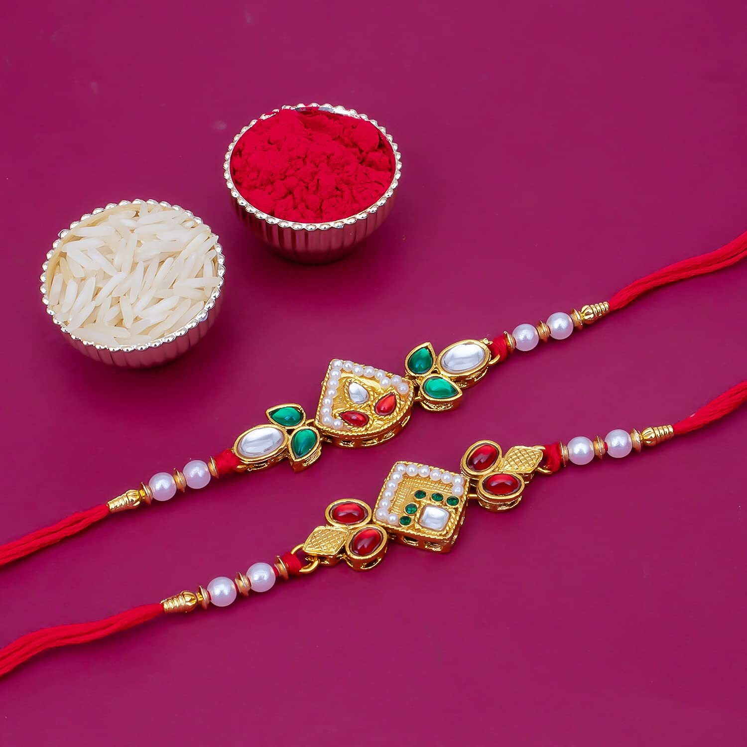 Sukkhi Rakhi Beautiful Kundan Rakhi Combo & Designer Gold Plated Premium Rakhi For Brother, Roli Chawal & Greeting Card|Rakhi For Bhaiya|Rakhi For Men|Kundan Rakhi|Rakhi Combo-Set Of 2 |Cbrak100048