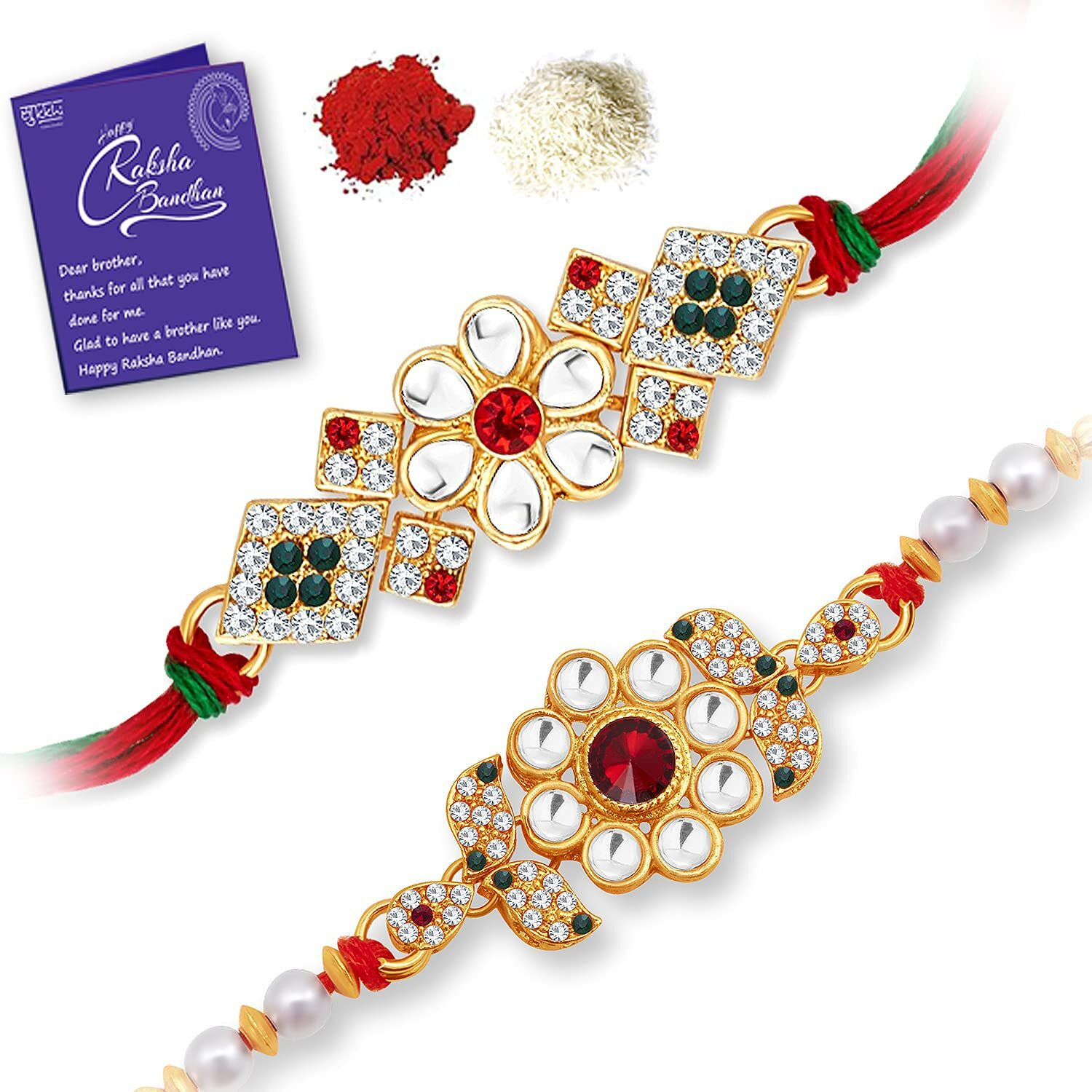 Sukkhi Rakhi Classy Kundan Rakhi Combo & Designer Gold Plated Premium Rakhi For Brother, Roli Chawal & Greeting Card|Rakhi For Bhaiya|Rakhi For Men|Kundan Rakhi|Rakhi Combo-Set Of 2 |Cbrak100050