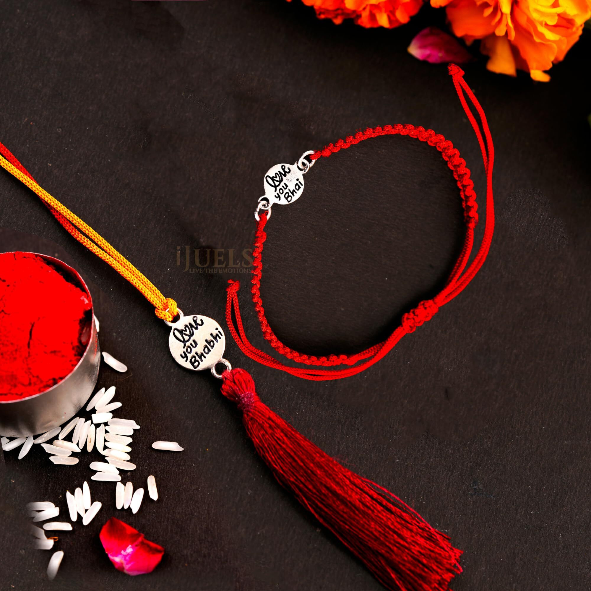 I Juels  Live The Emotions Pure 925 Silver Rakhi For Bhaiya And Bhabhi I Silver Rakhi Combo Set For Bhaiya And Bhabhi With Roli And Chawal. Rakshabandhan Couples Rakhi. (Love Bhaiya Bhabhi)