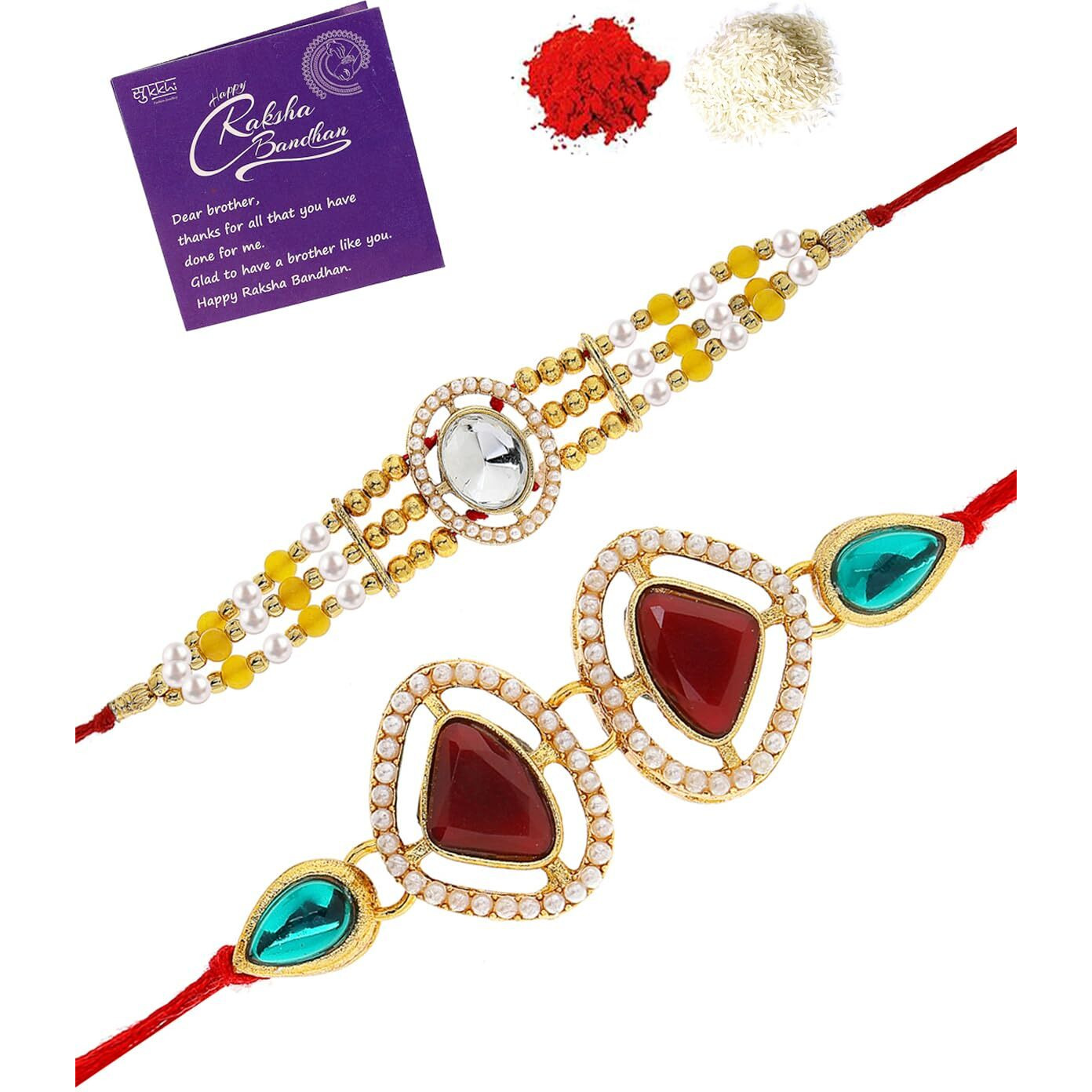 Sukkhi Rakhi Geometric Kundan & Pearls Designer Gold Plated Premium Rakhi For Brother With Roli Chawal & Greeting Card|Rakhi For Brother/Bhaiya/Bhai/Men|Kundan Rakhi|Rakhi Combo-Set Of 2|Cbrak106967