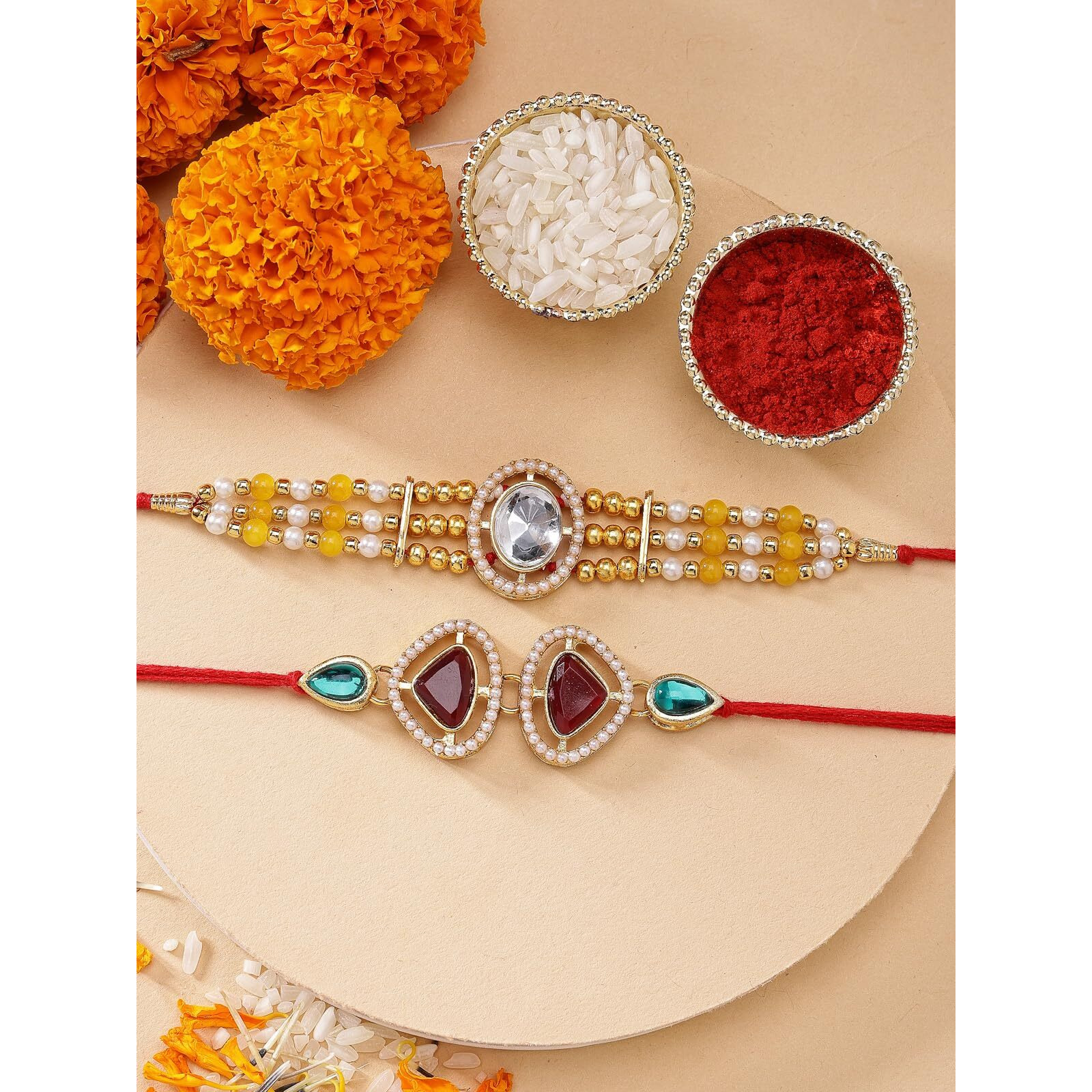 Sukkhi Rakhi Geometric Kundan & Pearls Designer Gold Plated Premium Rakhi For Brother With Roli Chawal & Greeting Card|Rakhi For Brother/Bhaiya/Bhai/Men|Kundan Rakhi|Rakhi Combo-Set Of 2|Cbrak106967