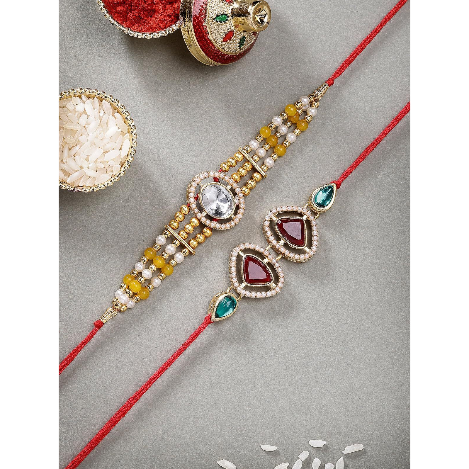 Sukkhi Rakhi Geometric Kundan & Pearls Designer Gold Plated Premium Rakhi For Brother With Roli Chawal & Greeting Card|Rakhi For Brother/Bhaiya/Bhai/Men|Kundan Rakhi|Rakhi Combo-Set Of 2|Cbrak106967