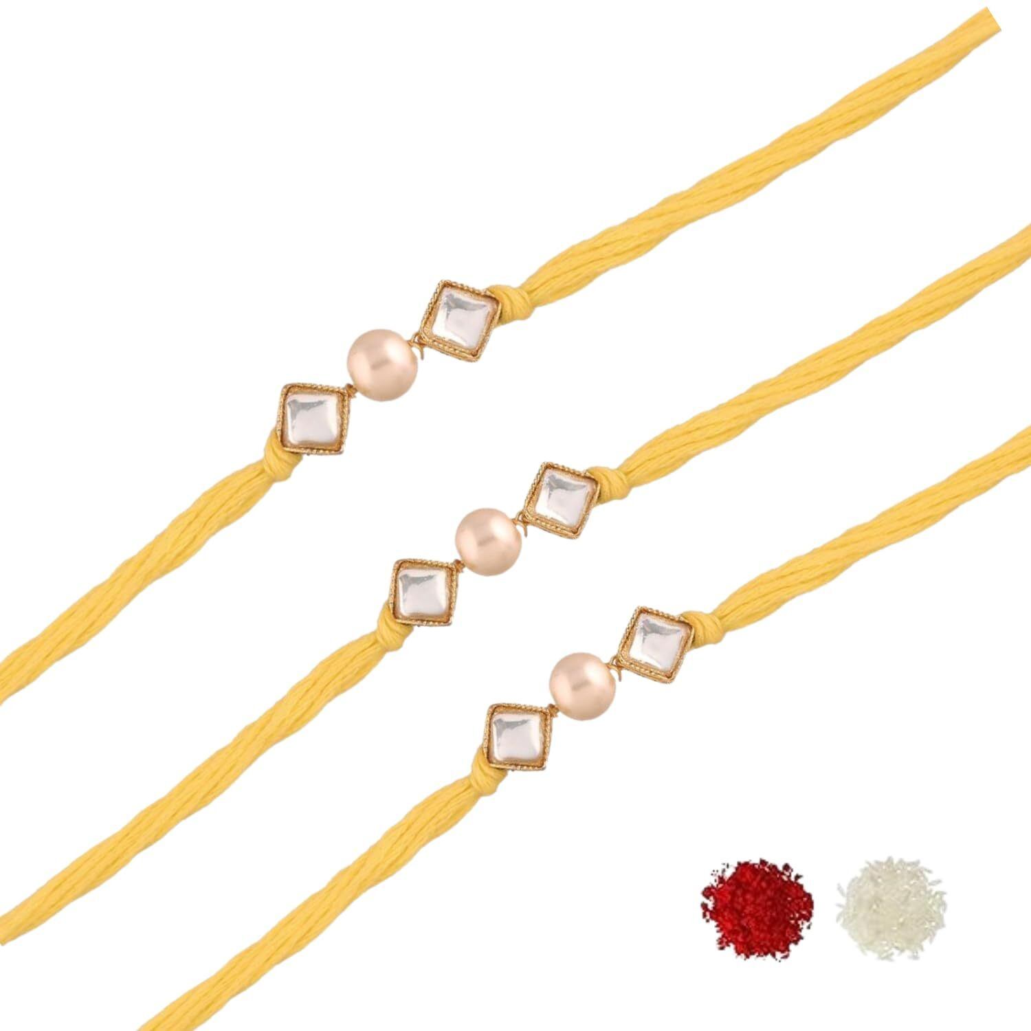 I Jewels Mens Gold Plated Ethnic Pearl & Kundan Combo Bhaiya Rakhi With Roli Chawal & Rakshabandhan Card For Bro/Brother/Bhai (R025-3) (Pack Of 3)