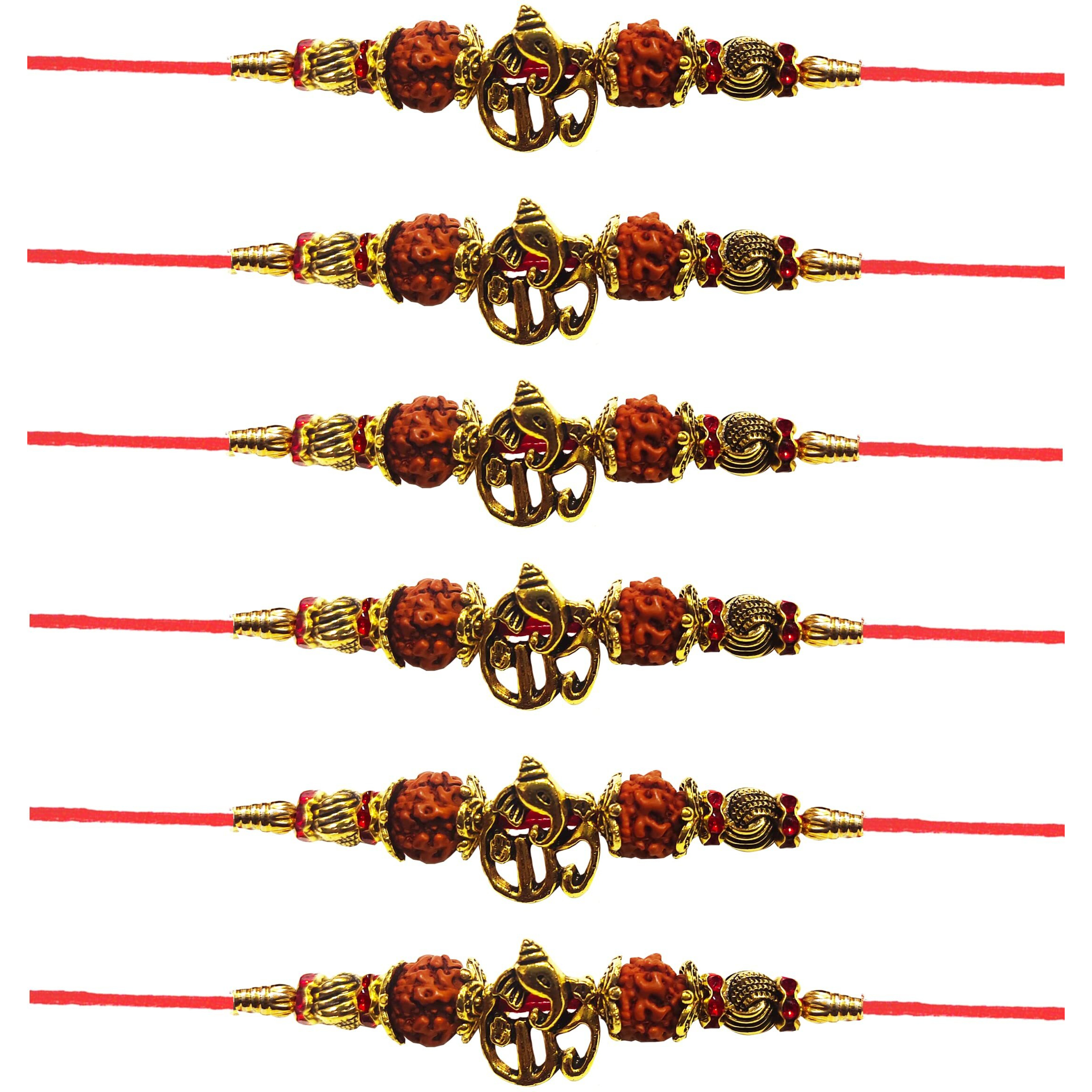 Siddhi Art Jewellery Handmade Designer Rudraksh With Ganeshji Rakhi Set For Bhaiya/Rakhi For Brothers Set Of 6 (Style 4)