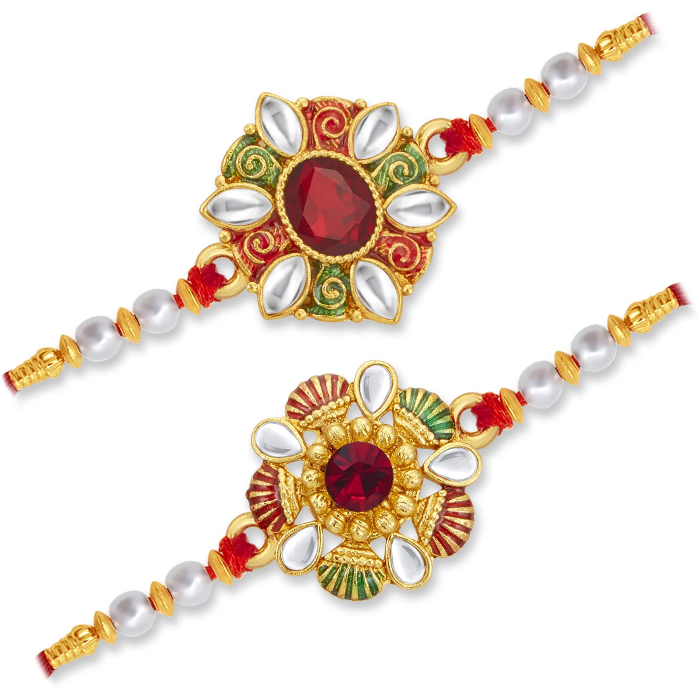 Sukkhi Rakhi Classy Kundan Rakhi Combo & Designer Gold Plated Premium Rakhi For Brother, Roli Chawal & Greeting Card|Rakhi For Bhaiya|Rakhi For Men|Kundan Rakhi|Rakhi Combo-Set Of 2 |Cbrak104551