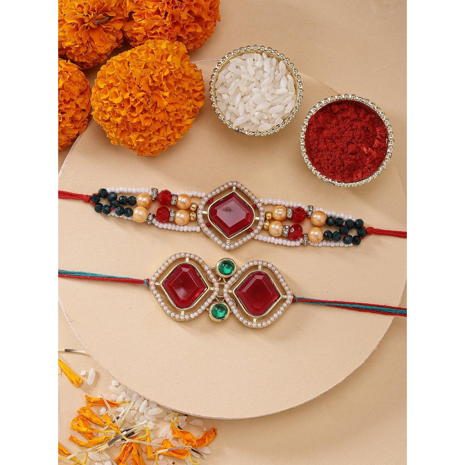 Sukkhi Rakhi Bewitching Kundan & Pearls Designer Gold Plated Premium Rakhi For Brother With Roli Chawal & Greeting Card|Rakhi For Brother/Bhaiya/Bhai/Men|Kundan Rakhi|Rakhi Combo-Set Of 2|Cbrak106954