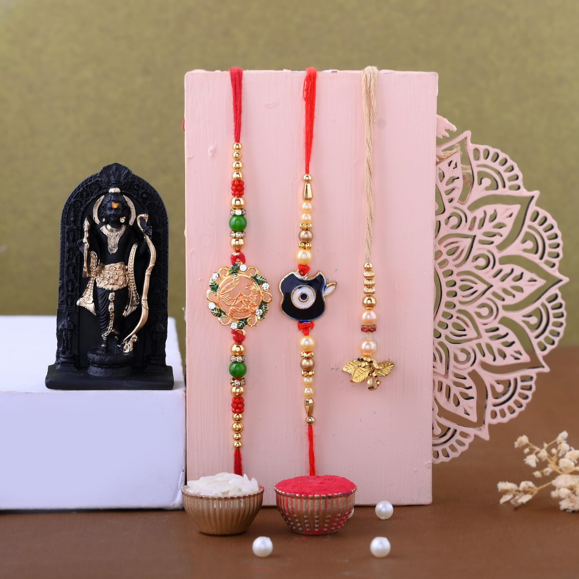 Rakhi Gift Combo For Brother Best Gift For Bhaiya Bhabhi Ram Lala Idol Murti Chawal + Free Rakhi Card-Rram45