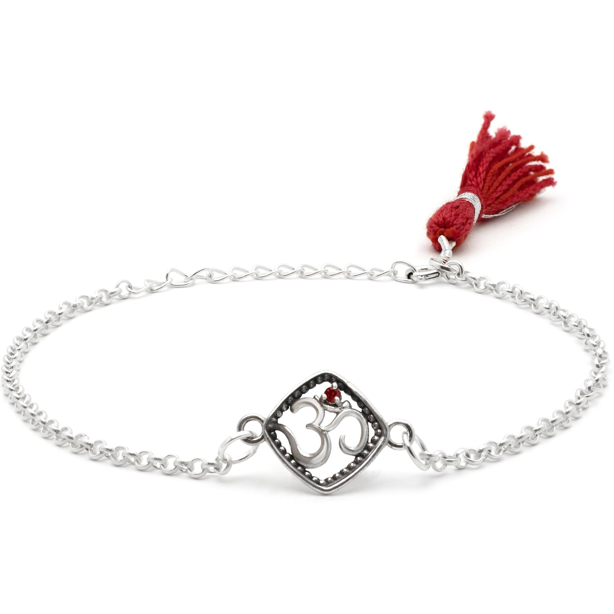 Meenakari Heritage Jewellery Pure 925 Sterling Silver Om With Red Stone Chain Bracelet/Rakhi Set With Roli Chawal And Rakshabandhan Greeting Card For Brother/Men/Unisex