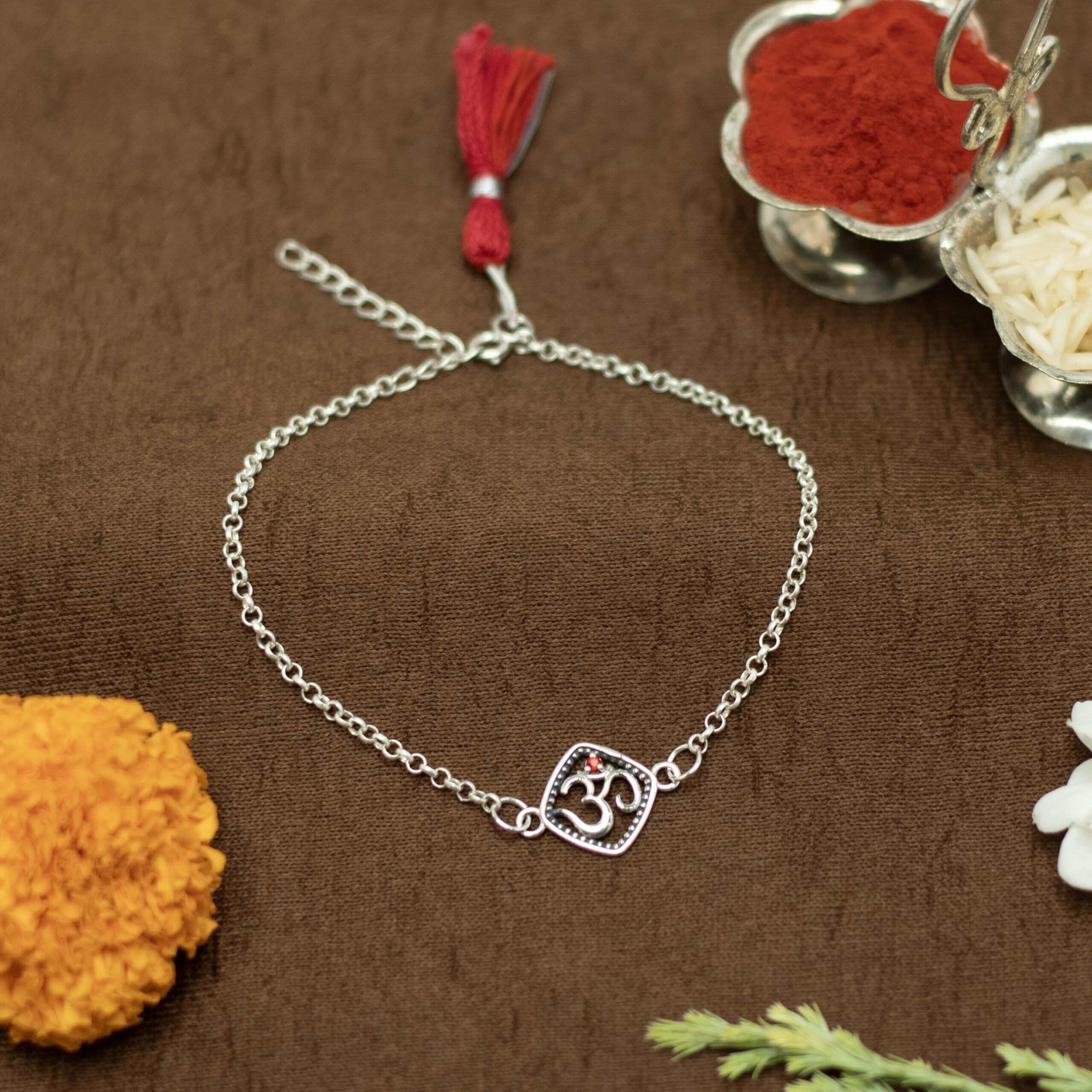 Meenakari Heritage Jewellery Pure 925 Sterling Silver Om With Red Stone Chain Bracelet/Rakhi Set With Roli Chawal And Rakshabandhan Greeting Card For Brother/Men/Unisex