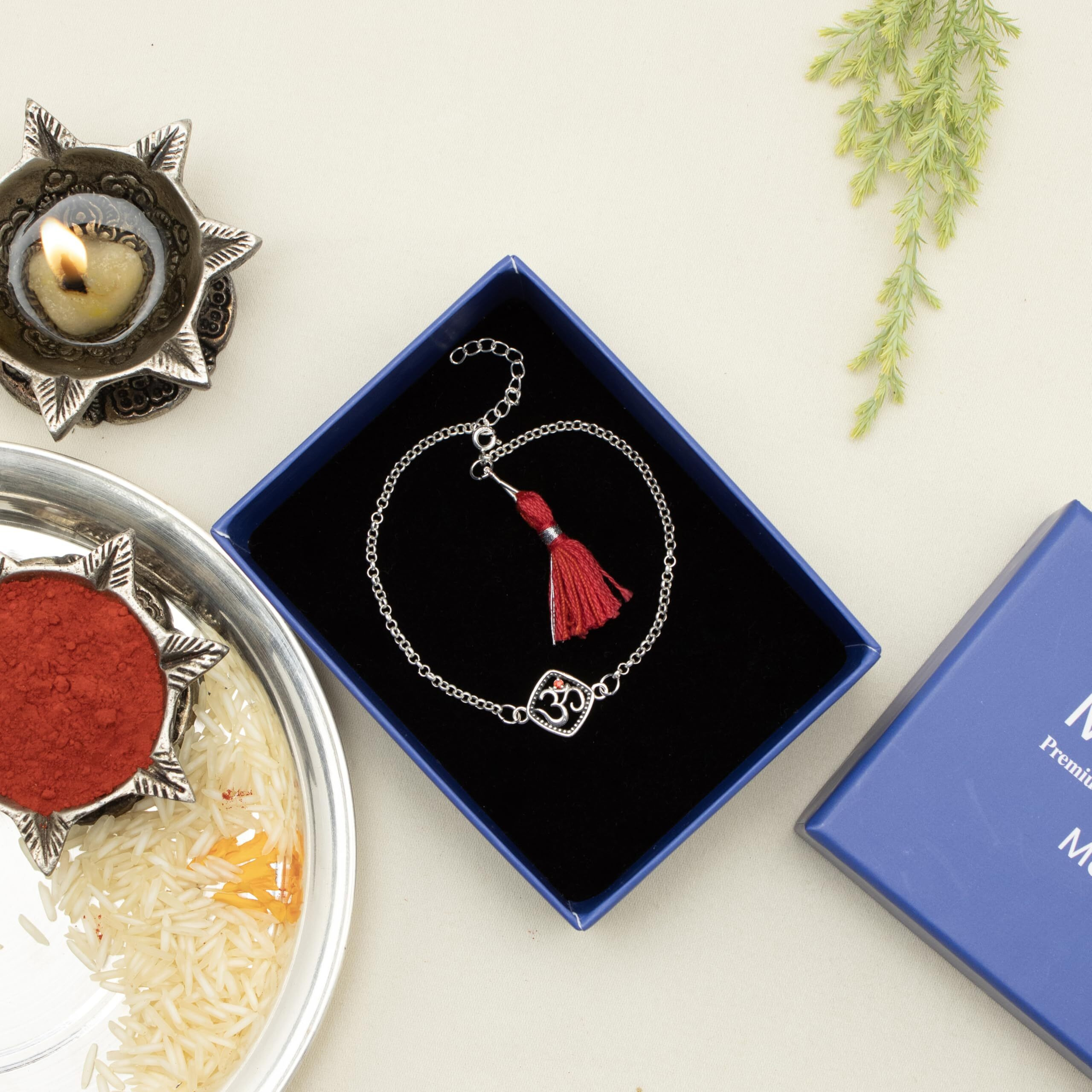Meenakari Heritage Jewellery Pure 925 Sterling Silver Om With Red Stone Chain Bracelet/Rakhi Set With Roli Chawal And Rakshabandhan Greeting Card For Brother/Men/Unisex