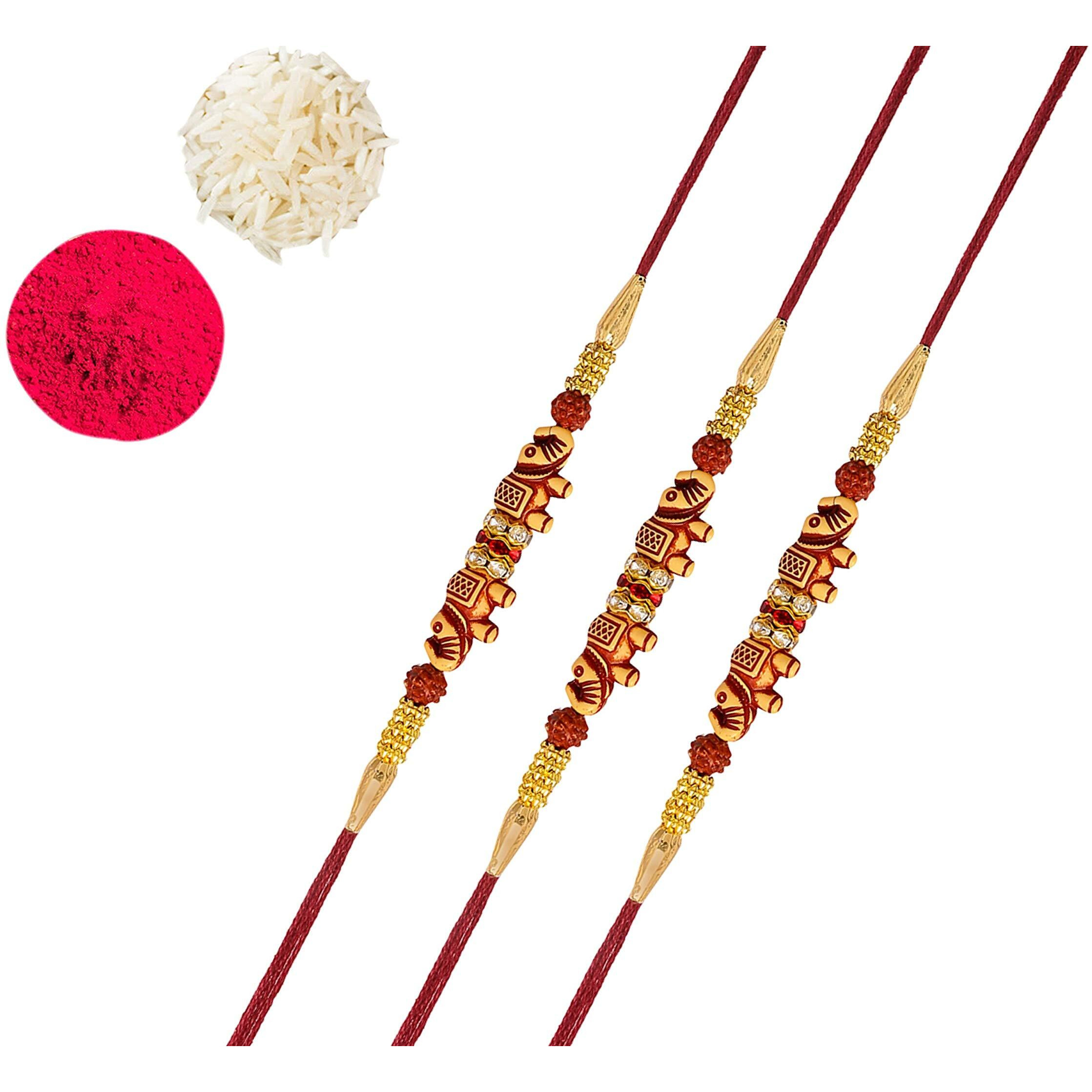 Accessher Gold Plated Elephant Shaped Stylish Quirky Rakhi For Beloved Brother Pack Of 6 With Roli Kumkum Packets And Happy Rakshabandhan Card | Rakhi For Brother