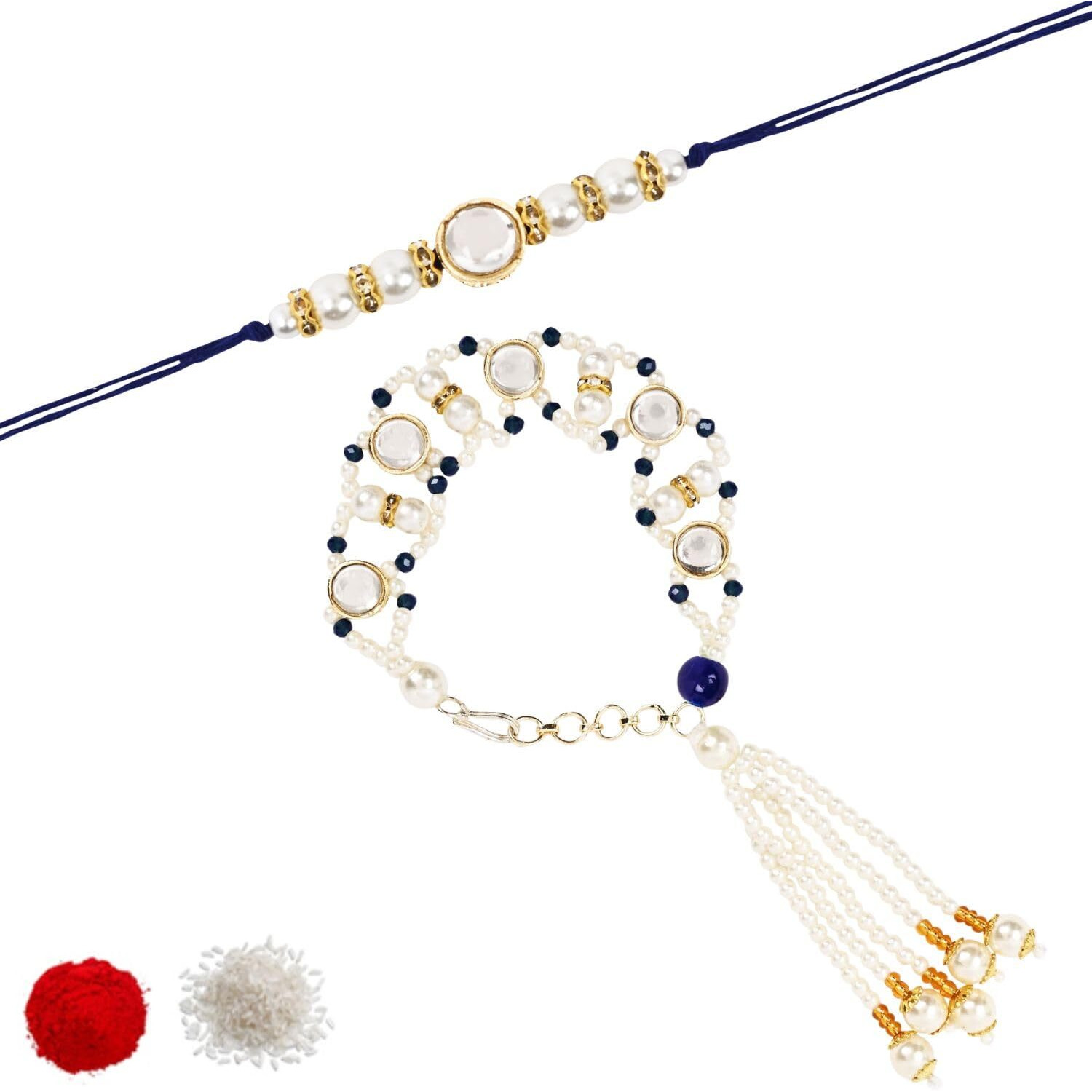 I Jewels Unisex Designer Kundan Pearl Hanging Bhaiya Bhabhi Lumba Rakhi Bracelet Combo Set With Roli Chawal & Rakshabandhan Greeting Card (R150-Co) (Blue)