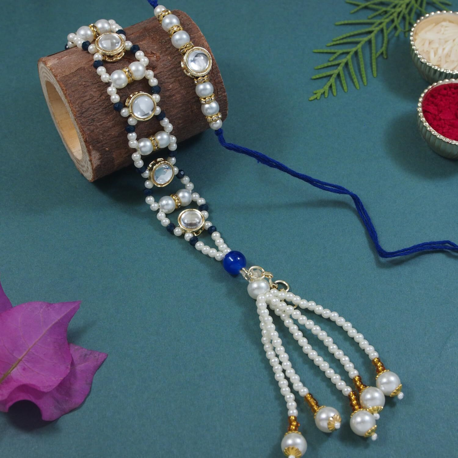 I Jewels Unisex Designer Kundan Pearl Hanging Bhaiya Bhabhi Lumba Rakhi Bracelet Combo Set With Roli Chawal & Rakshabandhan Greeting Card (R150-Co) (Blue)