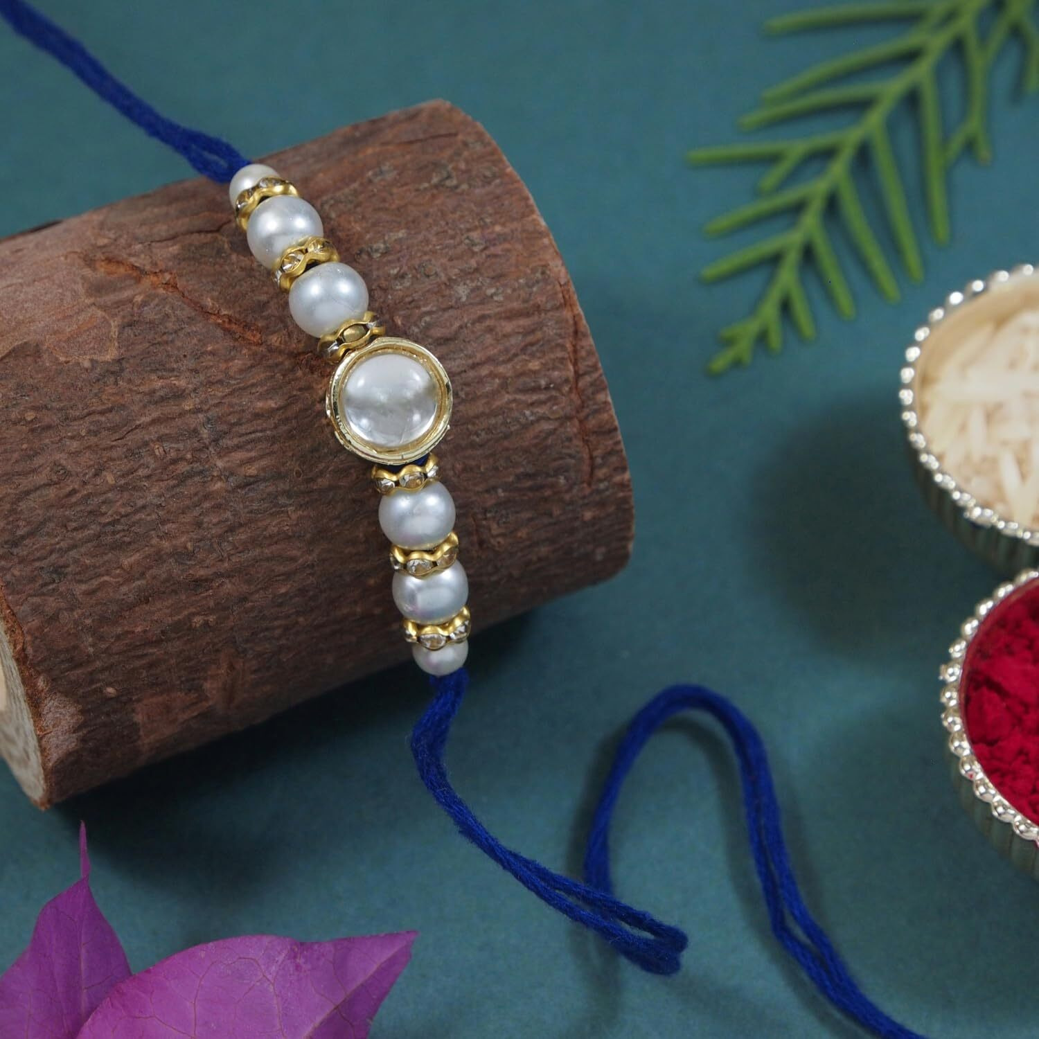 I Jewels Unisex Designer Kundan Pearl Hanging Bhaiya Bhabhi Lumba Rakhi Bracelet Combo Set With Roli Chawal & Rakshabandhan Greeting Card (R150-Co) (Blue)