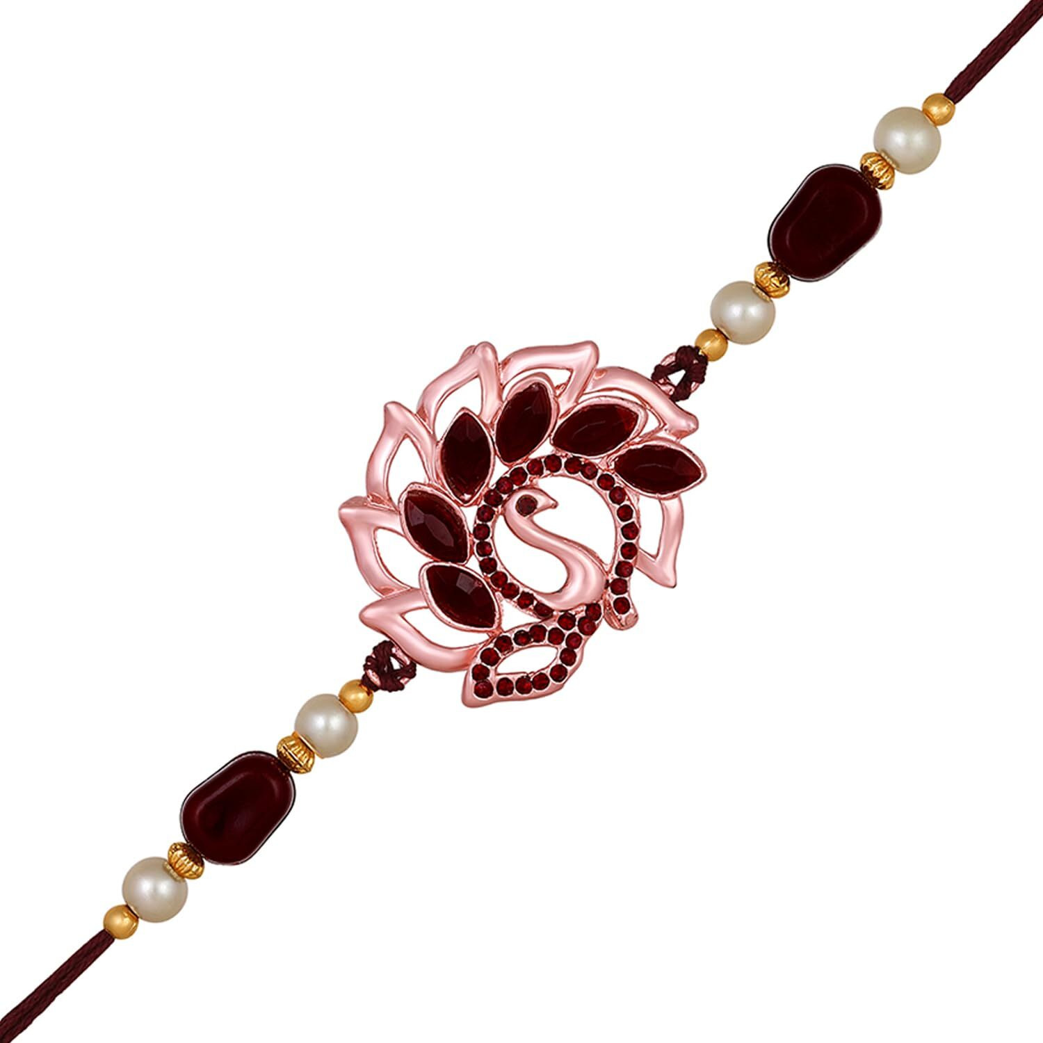 Mahi Rose Gold Plated Peacock Shaped Rakhi With Maroon Crystals For Bhai/Brother (Ra1100719Zmar)