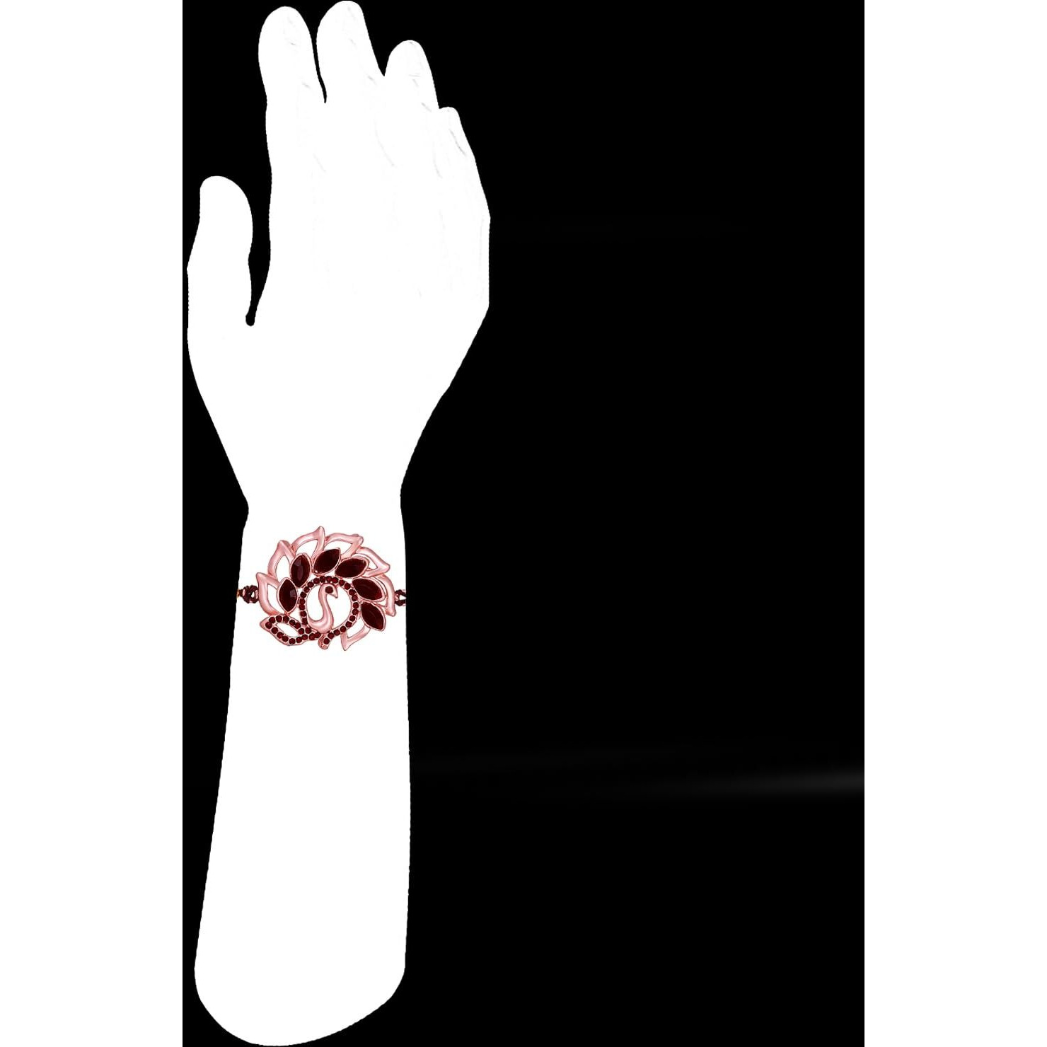 Mahi Rose Gold Plated Peacock Shaped Rakhi With Maroon Crystals For Bhai/Brother (Ra1100719Zmar)