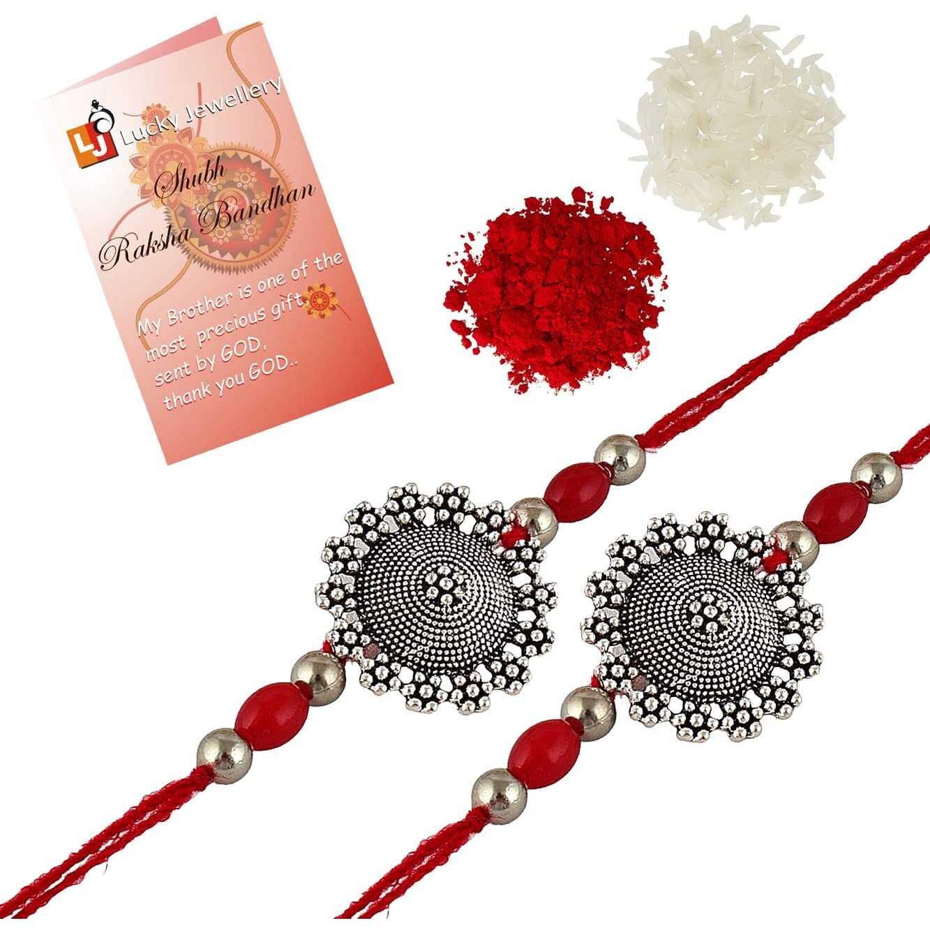 Lucky Jewellery Unisex Adult Oxidized German Silver Rakhi - Red Thread, Boho Collection, Rakshabandhan Rakhee Bracelet For Brother/Bhaiya/Bhai/Bhabhi - (130-Chr1-1824-2)