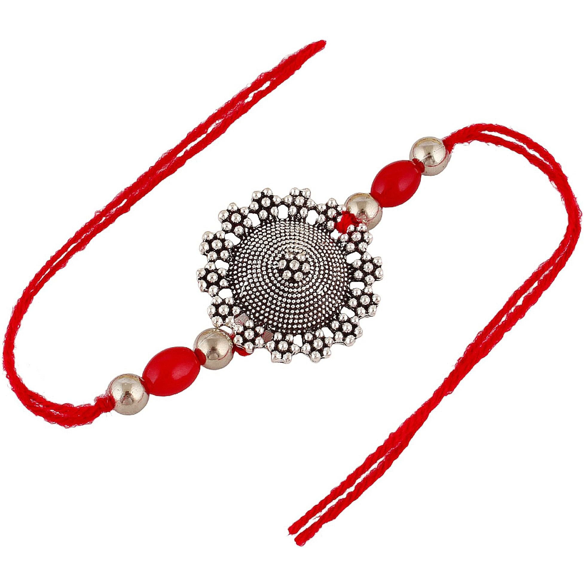 Lucky Jewellery Unisex Adult Oxidized German Silver Rakhi - Red Thread, Boho Collection, Rakshabandhan Rakhee Bracelet For Brother/Bhaiya/Bhai/Bhabhi - (130-Chr1-1824-2)