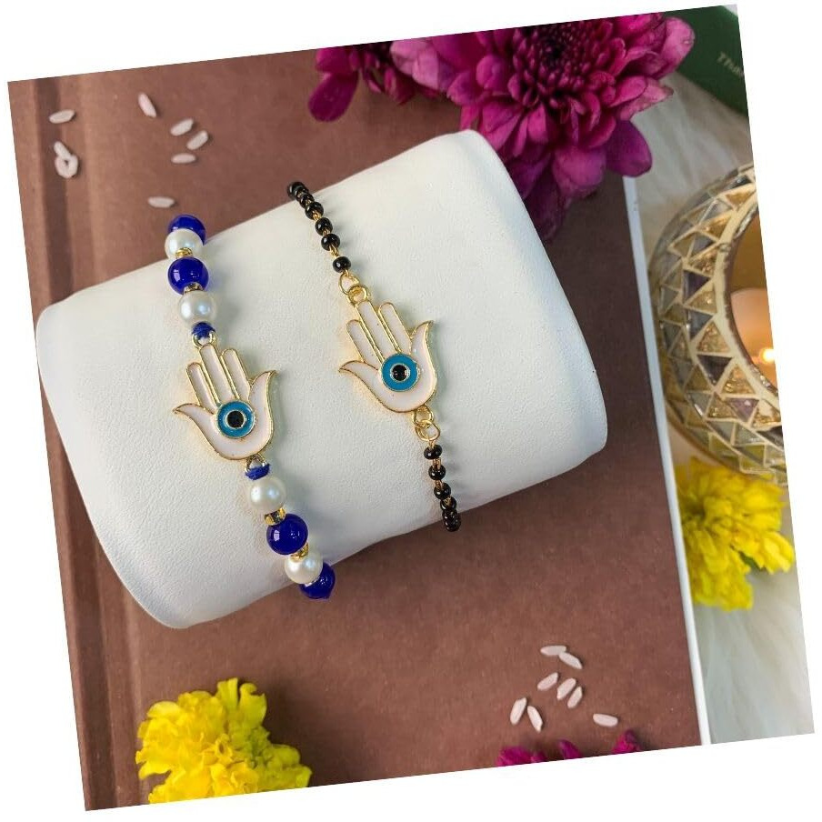 I Jewels Enamel Hamsa Evil Eye Bhaiya Bhabhi Mangalsutra Bracelet Rakhi Set With Roli Chawal & Rakshabandhan Card For Brother/Bro/Men (R131-Co)