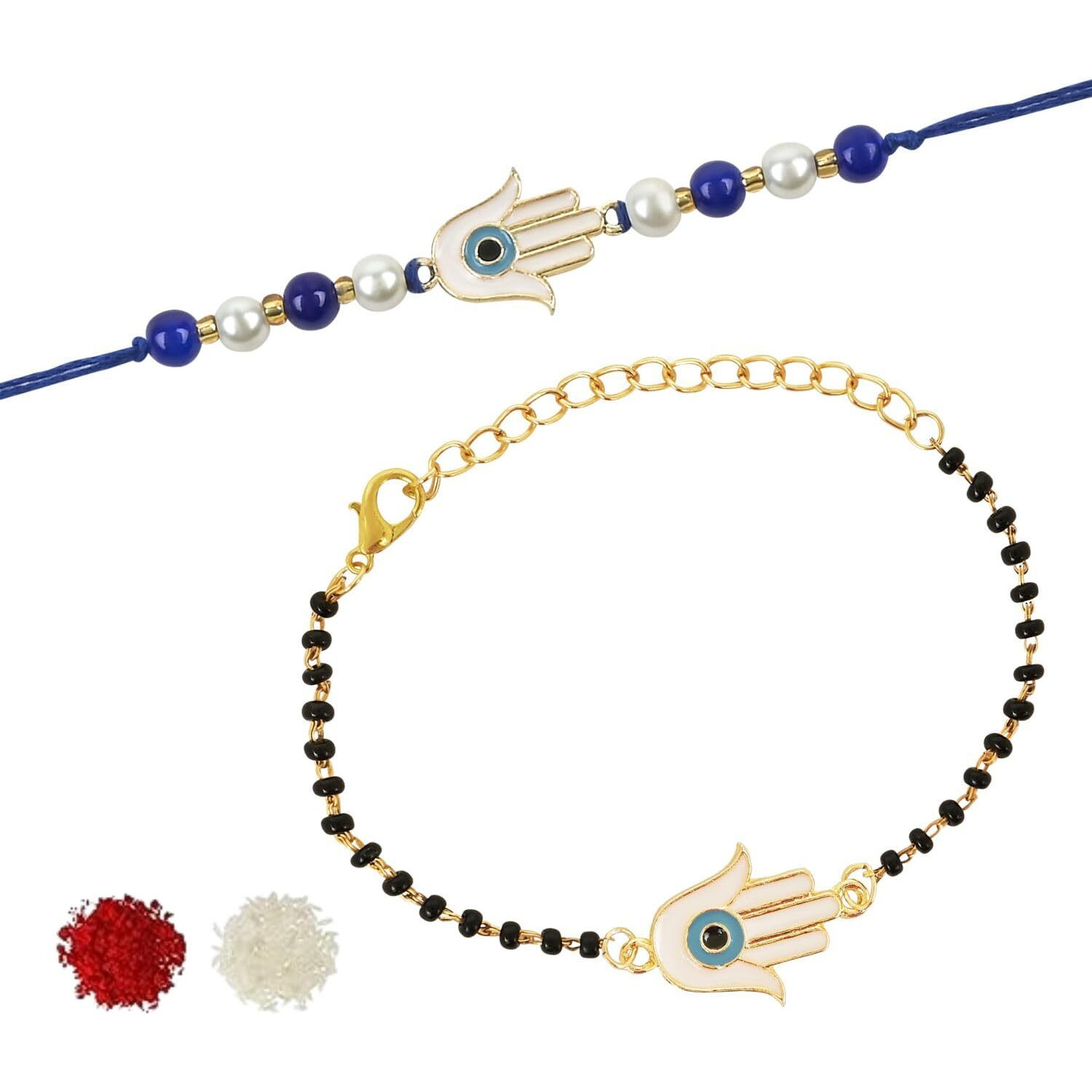 I Jewels Enamel Hamsa Evil Eye Bhaiya Bhabhi Mangalsutra Bracelet Rakhi Set With Roli Chawal & Rakshabandhan Card For Brother/Bro/Men (R131-Co)