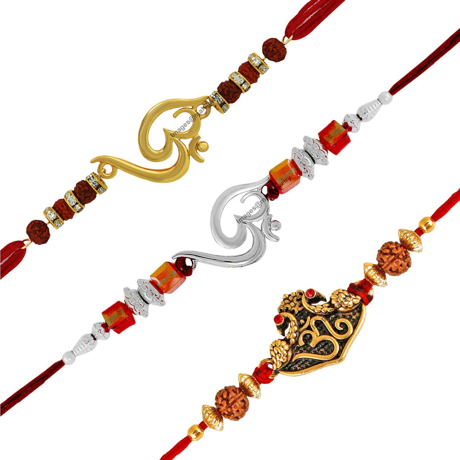 Mahi Combo Of Three Om Rakhis With Crystals And Rudraksha For Adorable Brothers Rco1105120M