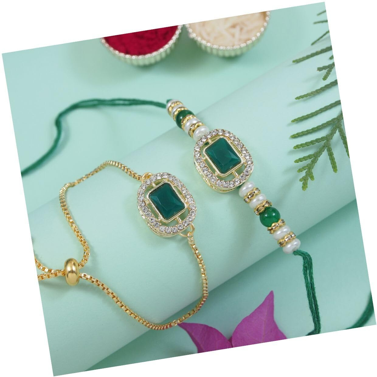 I Jewels Unisex Adult Kundan & Pearl Bhaiya Bhabhi Lumba Bracelet Rakhi Set With Roli Chawal & Rakshabandhan Card (R168G-Co)