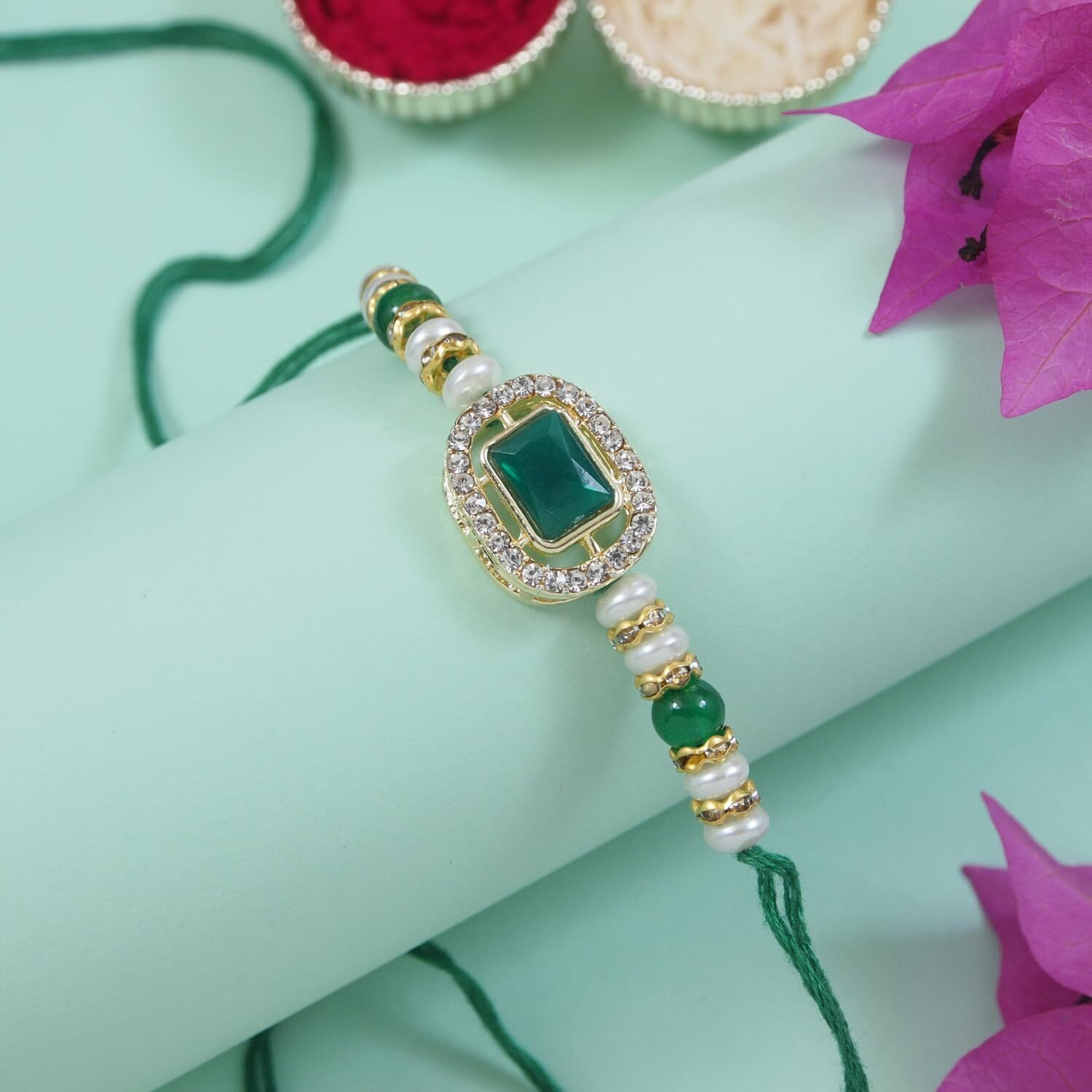 I Jewels Unisex Adult Kundan & Pearl Bhaiya Bhabhi Lumba Bracelet Rakhi Set With Roli Chawal & Rakshabandhan Card (R168G-Co)