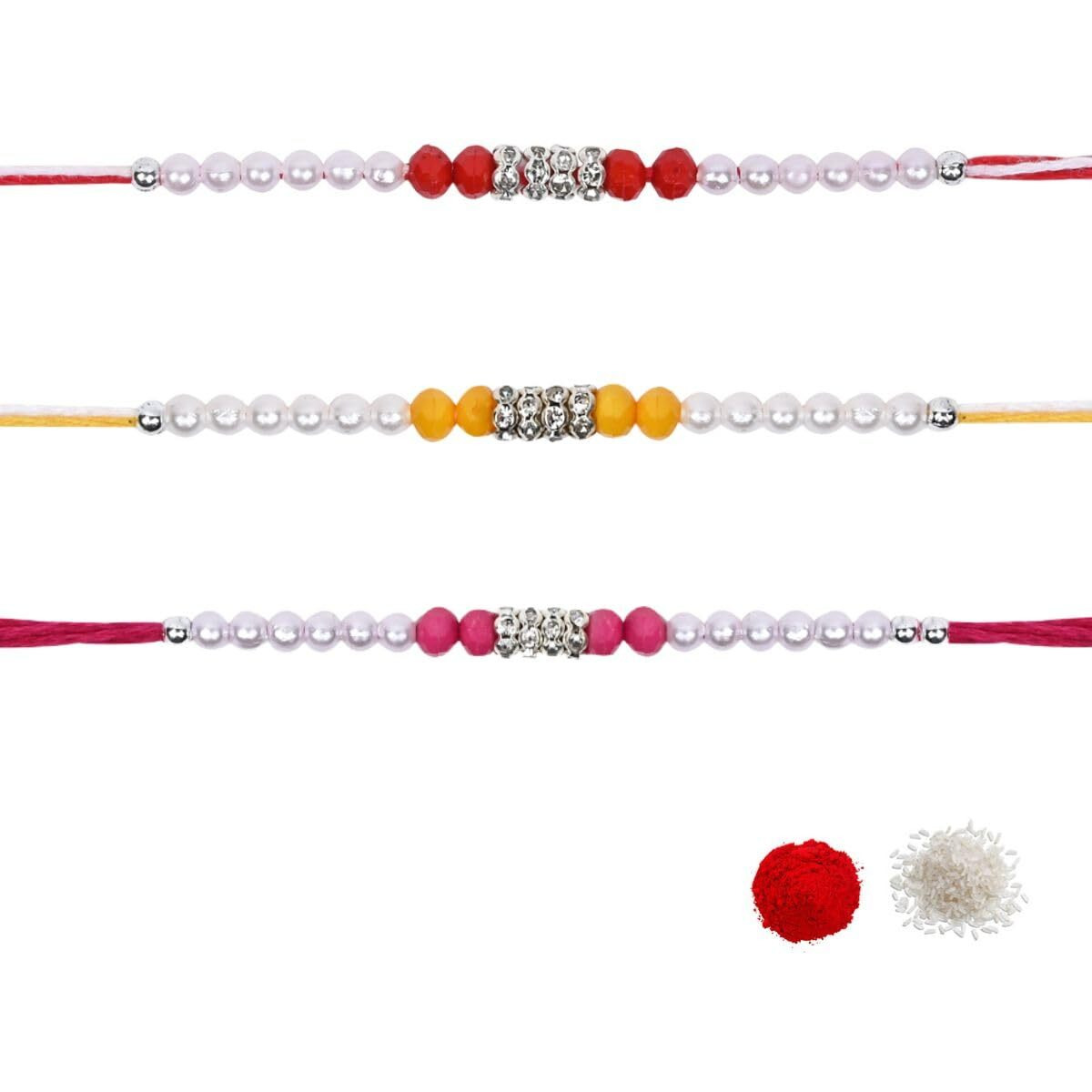 I Jewels Boys Designer Pearl Combo Rakhi With Roli Chawal & Rakshabandhan Card For Bro/Brother/Bhai (R223R-Pi-Y) (Set Of 3)