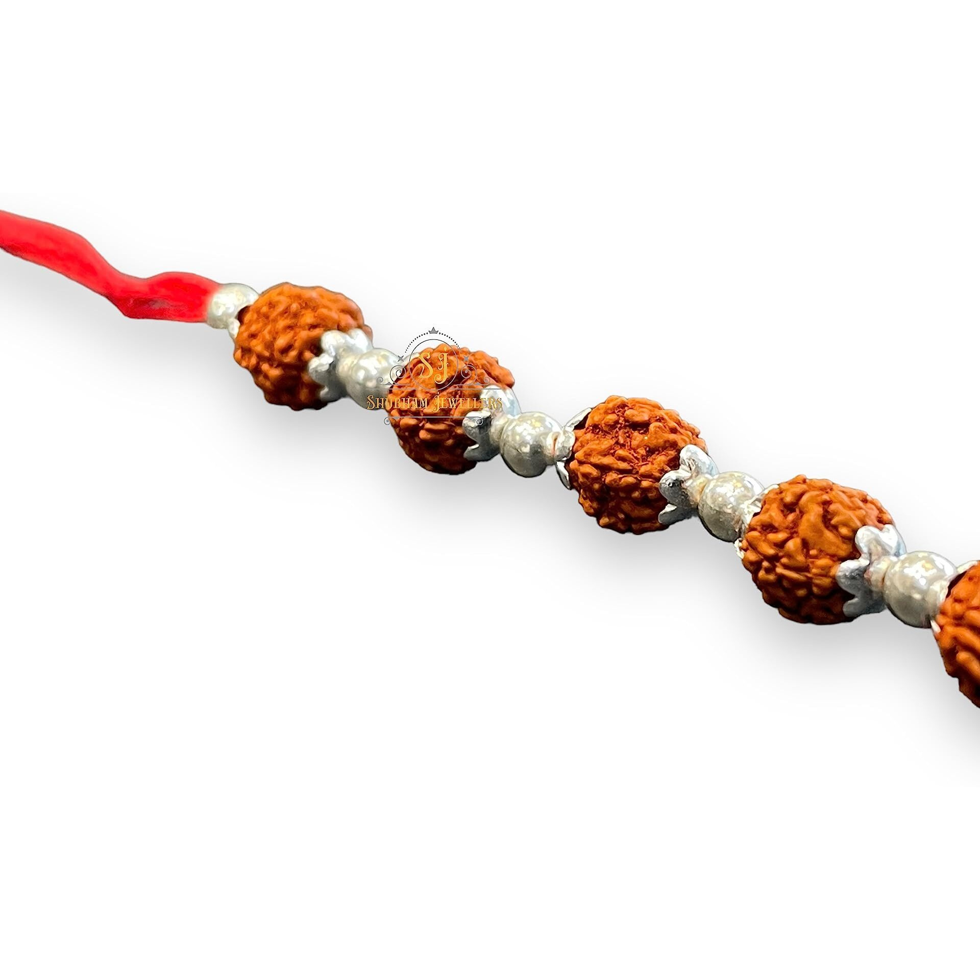 Sj Shubham Jewellers 925 Sterling Silver Rakhi For Brother Rudraksha Rakhi Bracelet Raksha Bandhan Pure Cotton For Men, Boys, Kids Rakhi With Roli Chawal (Rudraksha Five)