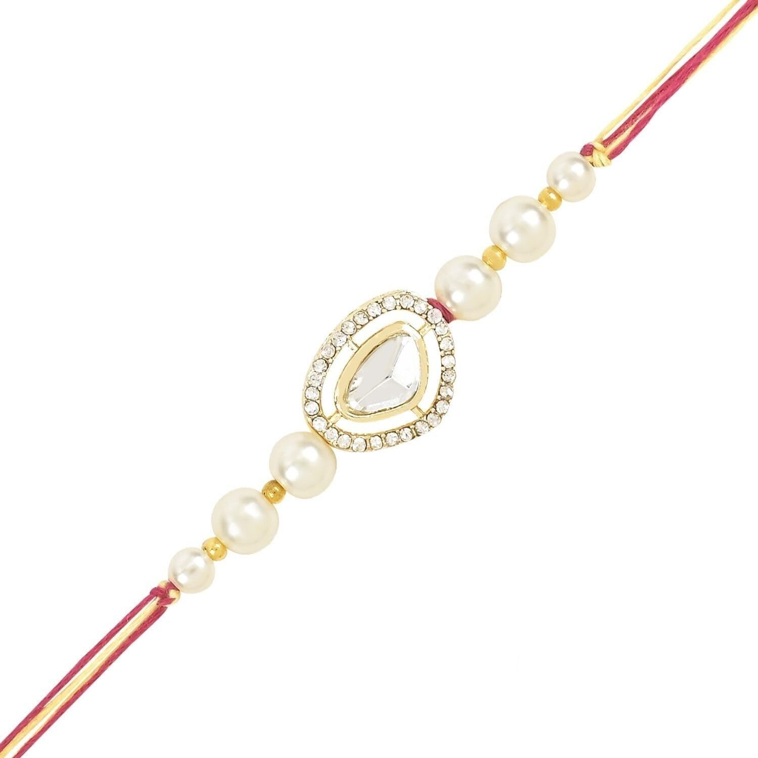 I Jewels Pearl & Kundan Designer Bhaiya Rakhi With Roli Chawal For Brother/Bro/Men With Rakshabandhan Card (R107W)