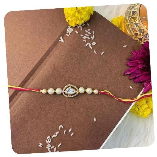 I Jewels Pearl & Kundan Designer Bhaiya Rakhi With Roli Chawal For Brother/Bro/Men With Rakshabandhan Card (R107W)