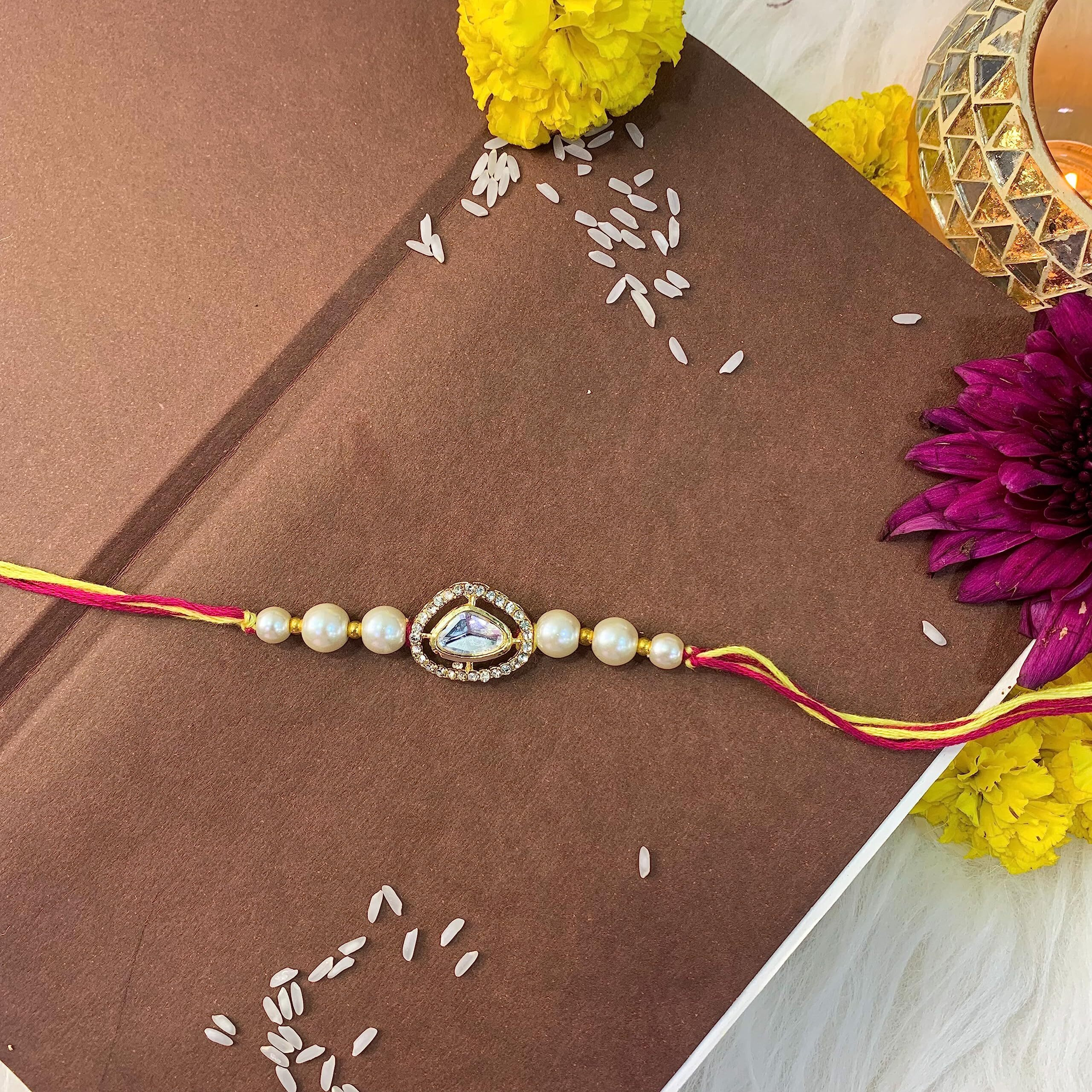 I Jewels Pearl & Kundan Designer Bhaiya Rakhi With Roli Chawal For Brother/Bro/Men With Rakshabandhan Card (R107W)