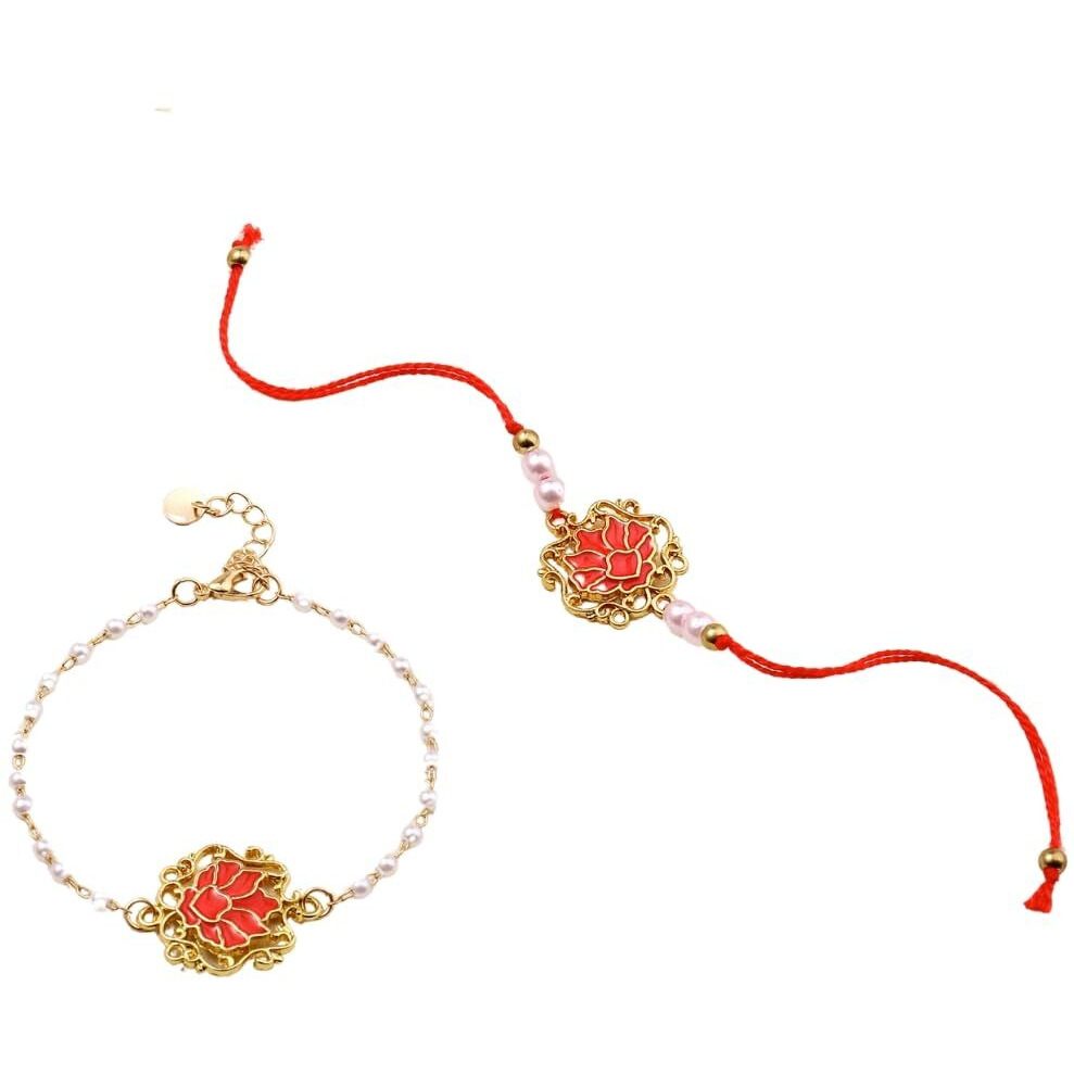 Salty Ruby Lotus Designer Rakhi Set For Bhaiya Bhabhi | Stylish Moli Thread With Roli Chawal | Traditional Lumba Gift For Brother Sister-In-Law | Raksha Bandhan Symbol Of Love & Blessings