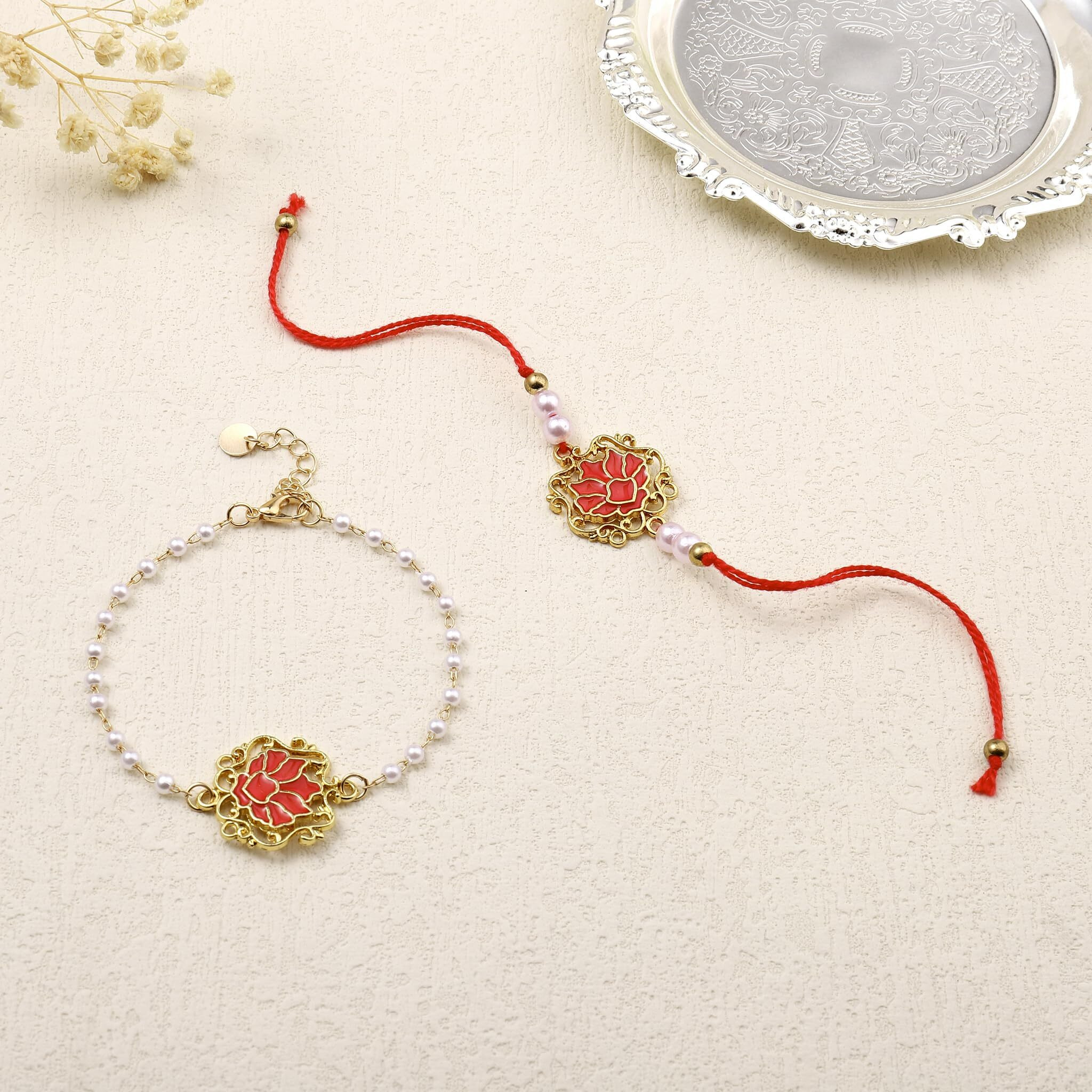 Salty Ruby Lotus Designer Rakhi Set For Bhaiya Bhabhi | Stylish Moli Thread With Roli Chawal | Traditional Lumba Gift For Brother Sister-In-Law | Raksha Bandhan Symbol Of Love & Blessings