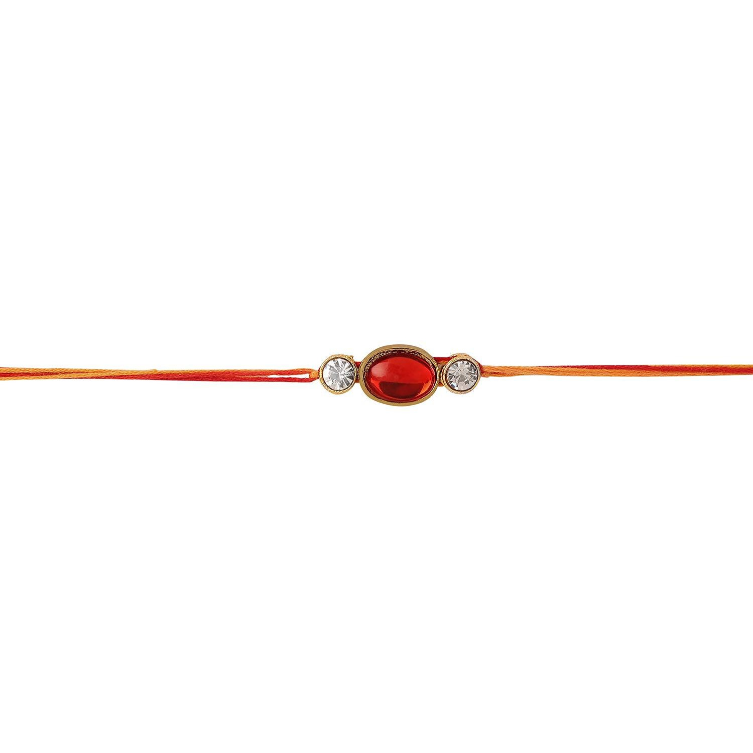 Accessher Mens Traditional Elegant Red Ruby Stones Bhaiyya Bhabhi Rakhi For Beloved Brother Pack Of 1 With Roli Kumkum Packets And Happy Rakshabandhan Card