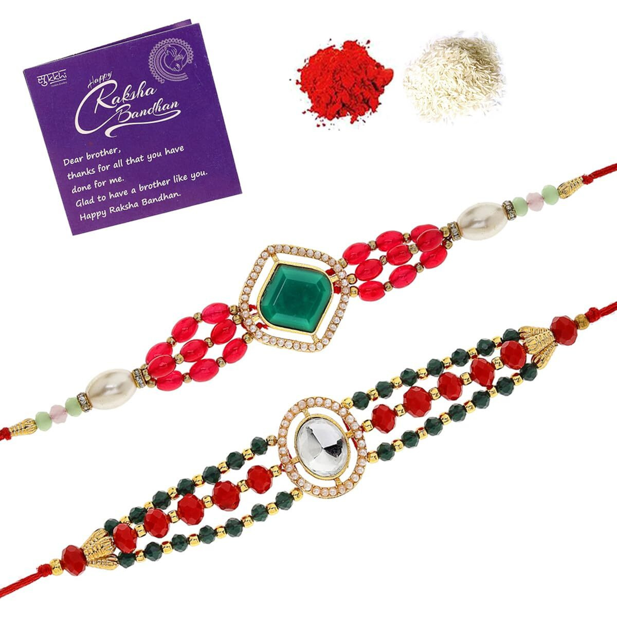 Sukkhi Rakhi Delicate Kundan & Pearls Designer Gold Plated Premium Rakhi For Brother With Roli Chawal & Greeting Card|Rakhi For Brother/Bhaiya/Bhai/Men|Kundan Rakhi|Rakhi Combo-Set Of 2|Cbrak106958