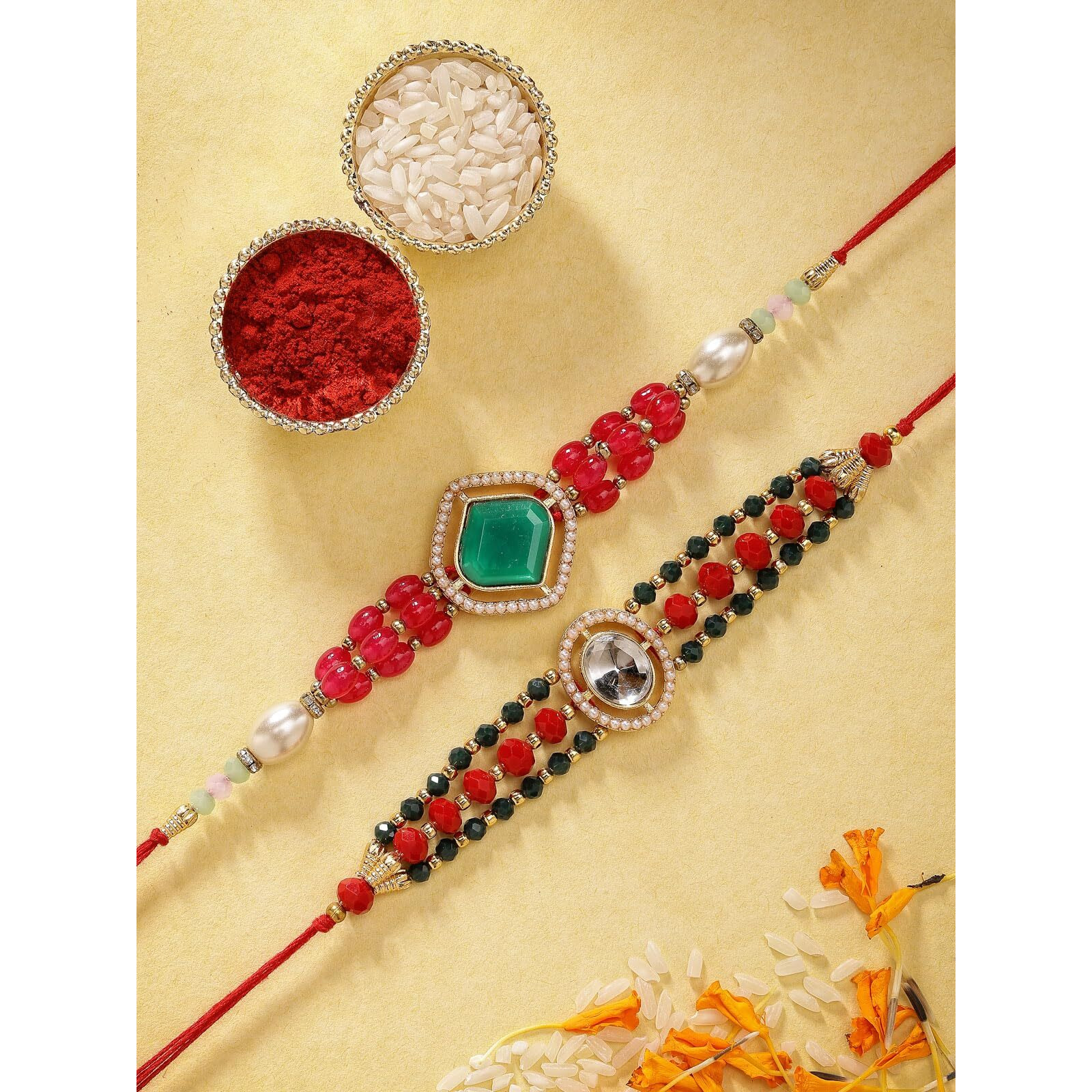 Sukkhi Rakhi Delicate Kundan & Pearls Designer Gold Plated Premium Rakhi For Brother With Roli Chawal & Greeting Card|Rakhi For Brother/Bhaiya/Bhai/Men|Kundan Rakhi|Rakhi Combo-Set Of 2|Cbrak106958