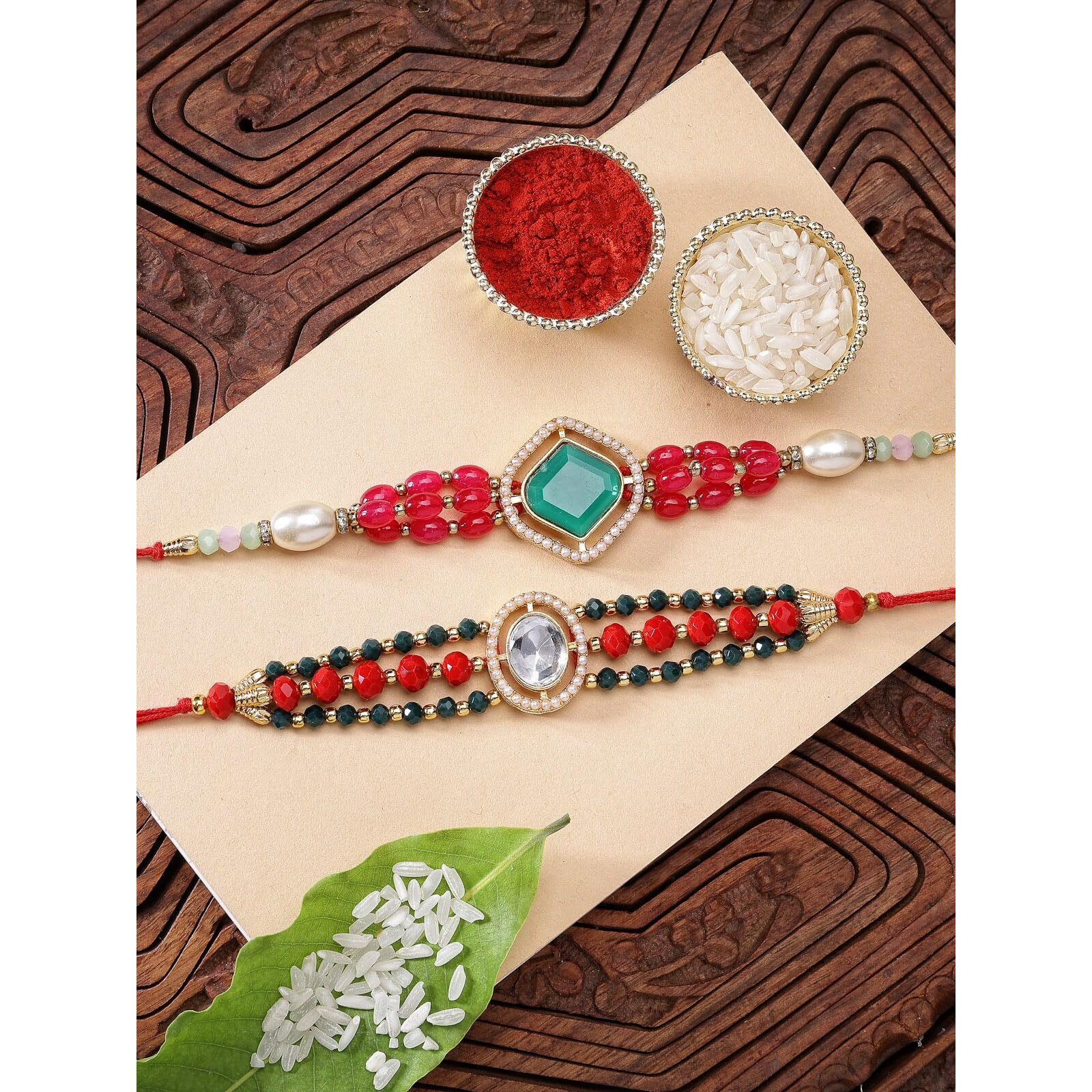 Sukkhi Rakhi Delicate Kundan & Pearls Designer Gold Plated Premium Rakhi For Brother With Roli Chawal & Greeting Card|Rakhi For Brother/Bhaiya/Bhai/Men|Kundan Rakhi|Rakhi Combo-Set Of 2|Cbrak106958