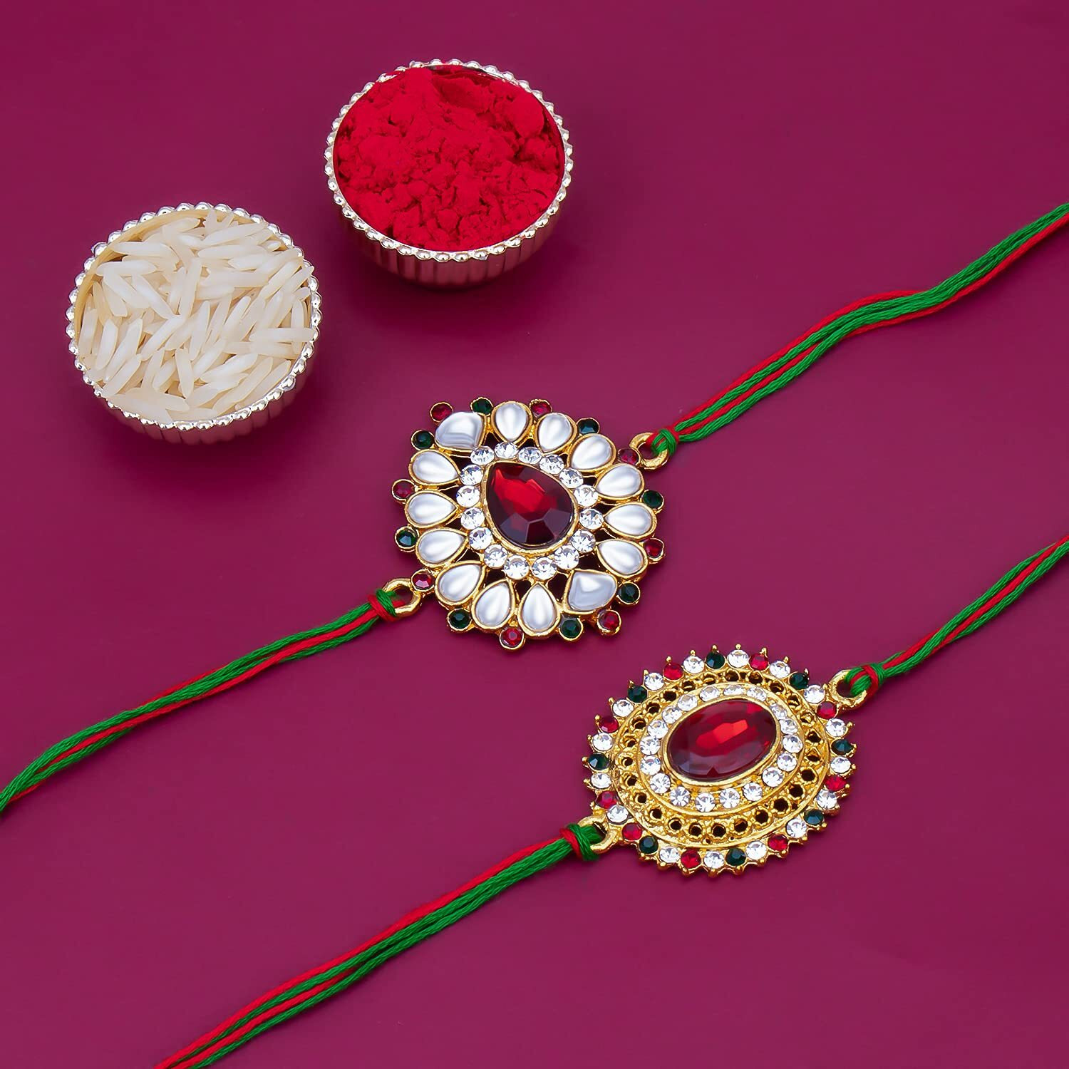 Sukkhi Rakhi Stylish Kundan Rakhi Combo & Designer Gold Plated Premium Rakhi For Brother, Roli Chawal & Greeting Card|Rakhi For Bhaiya|Rakhi For Men|Kundan Rakhi|Rakhi Combo-Set Of 2 |Cbrak100042