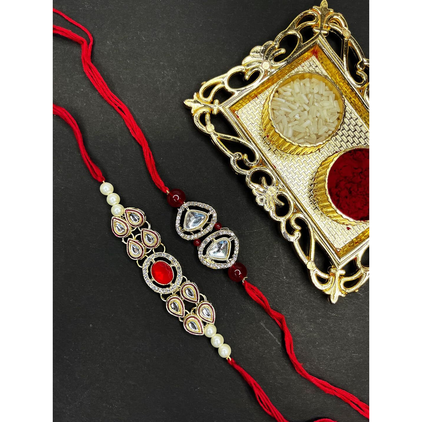 Mahi Gold Plated Classic Kundan Studded Ethnic Thread Rakhi Set For Brother, Bhai, Bro (Rco1105730Gred)