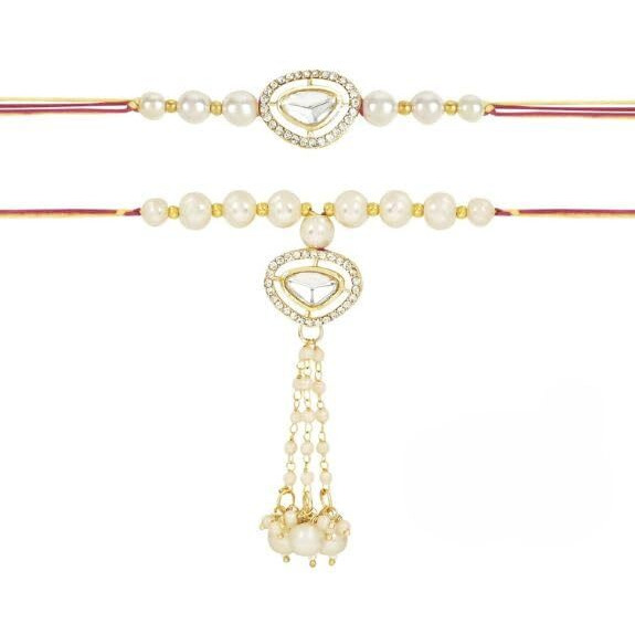 I Jewels Mens Kundan & Pearl Bhaiya Bhabhi Lumba Rakhi Combo Set With Roli Chawal And Rakshabandhan Card (R121W-Co)