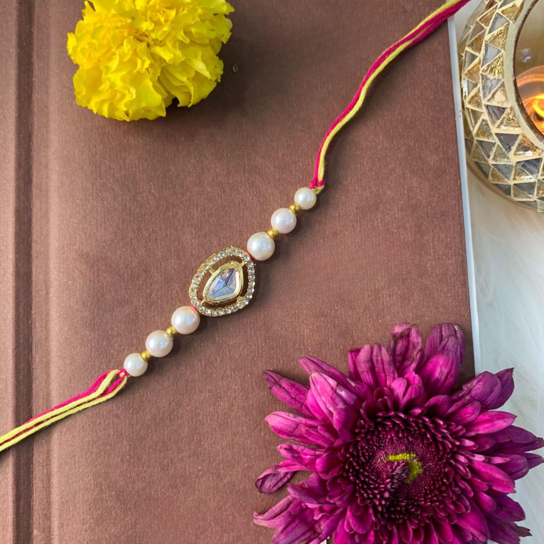 I Jewels Mens Kundan & Pearl Bhaiya Bhabhi Lumba Rakhi Combo Set With Roli Chawal And Rakshabandhan Card (R121W-Co)