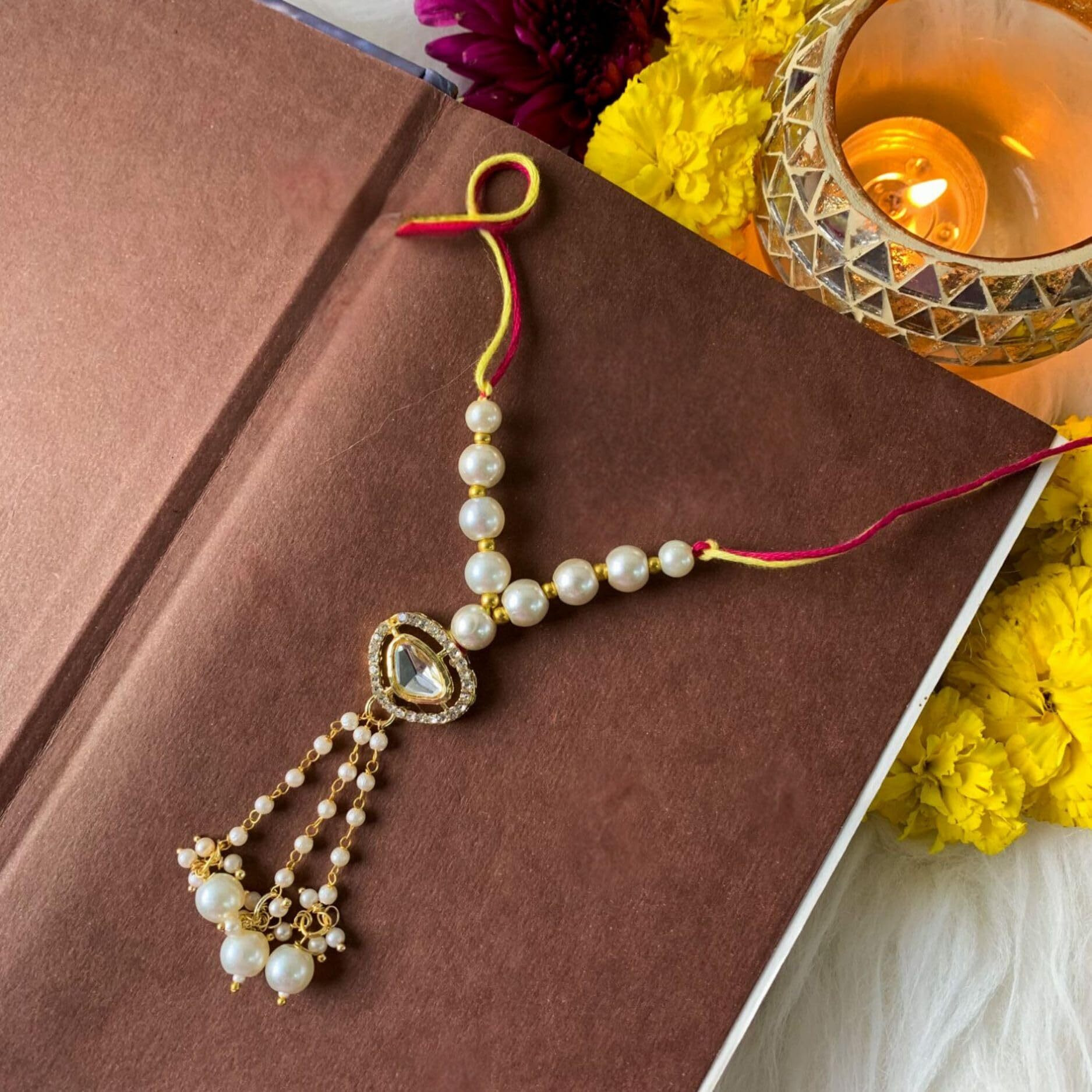 I Jewels Mens Kundan & Pearl Bhaiya Bhabhi Lumba Rakhi Combo Set With Roli Chawal And Rakshabandhan Card (R121W-Co)