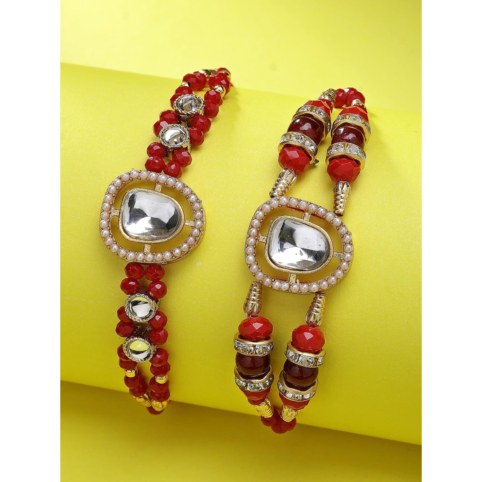 Sukkhi Rakhi Decorative Kundan & Beads Designer Maroon Gold Plated Premium Rakhi For Brother With Roli Chawal & Greeting Card|Rakhi For Brother/Bhaiya/Bhai/Men|Rakhi Combo-Set Of 2|Cbrak106950
