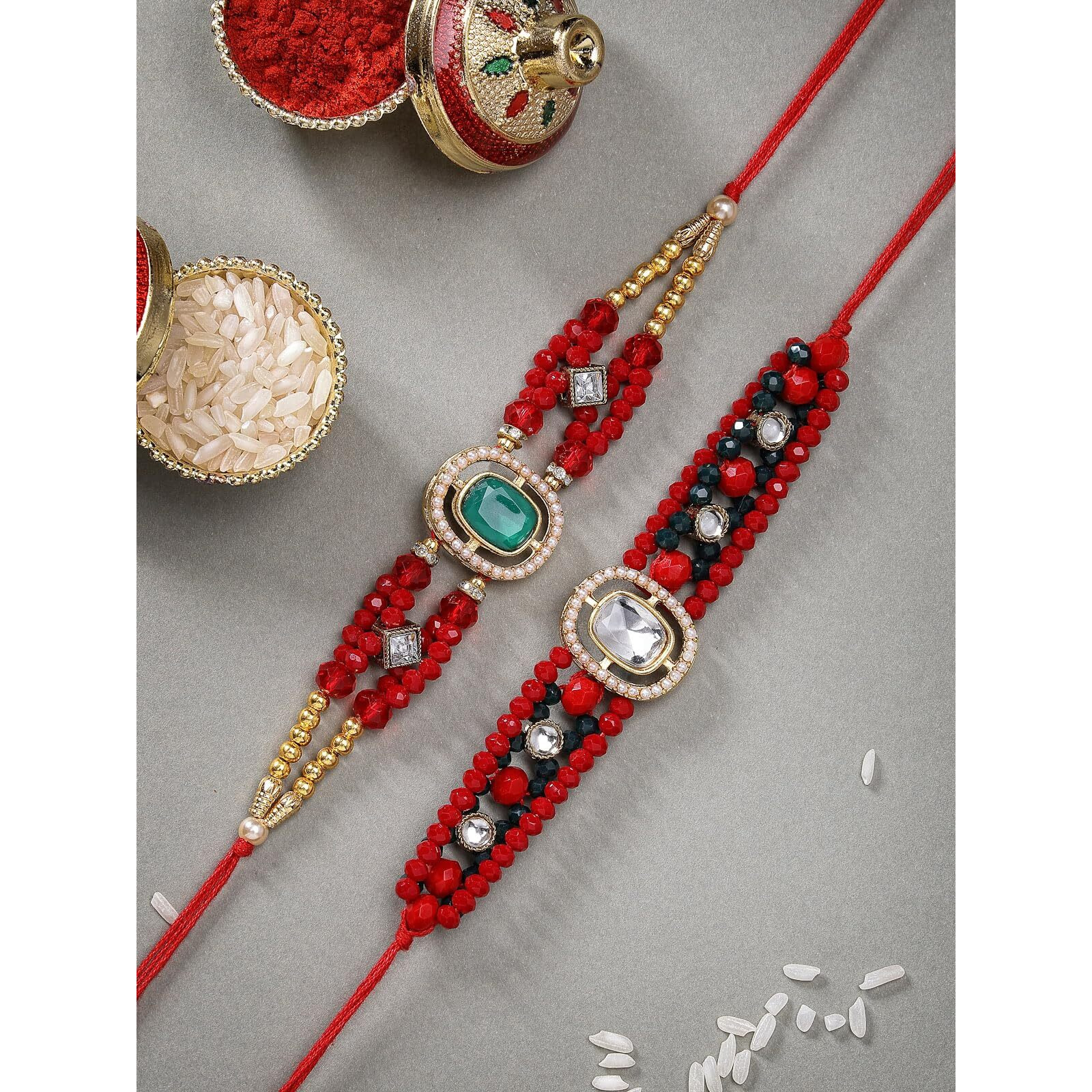 Sukkhi Rakhi Eye-Catchy Kundan & Beads Designer Gold Plated Premium Rakhi For Brother With Roli Chawal & Greeting Card|Rakhi For Brother/Bhaiya/Bhai/Men|Kundan Rakhi|Rakhi Combo-Set Of 2|Cbrak106955