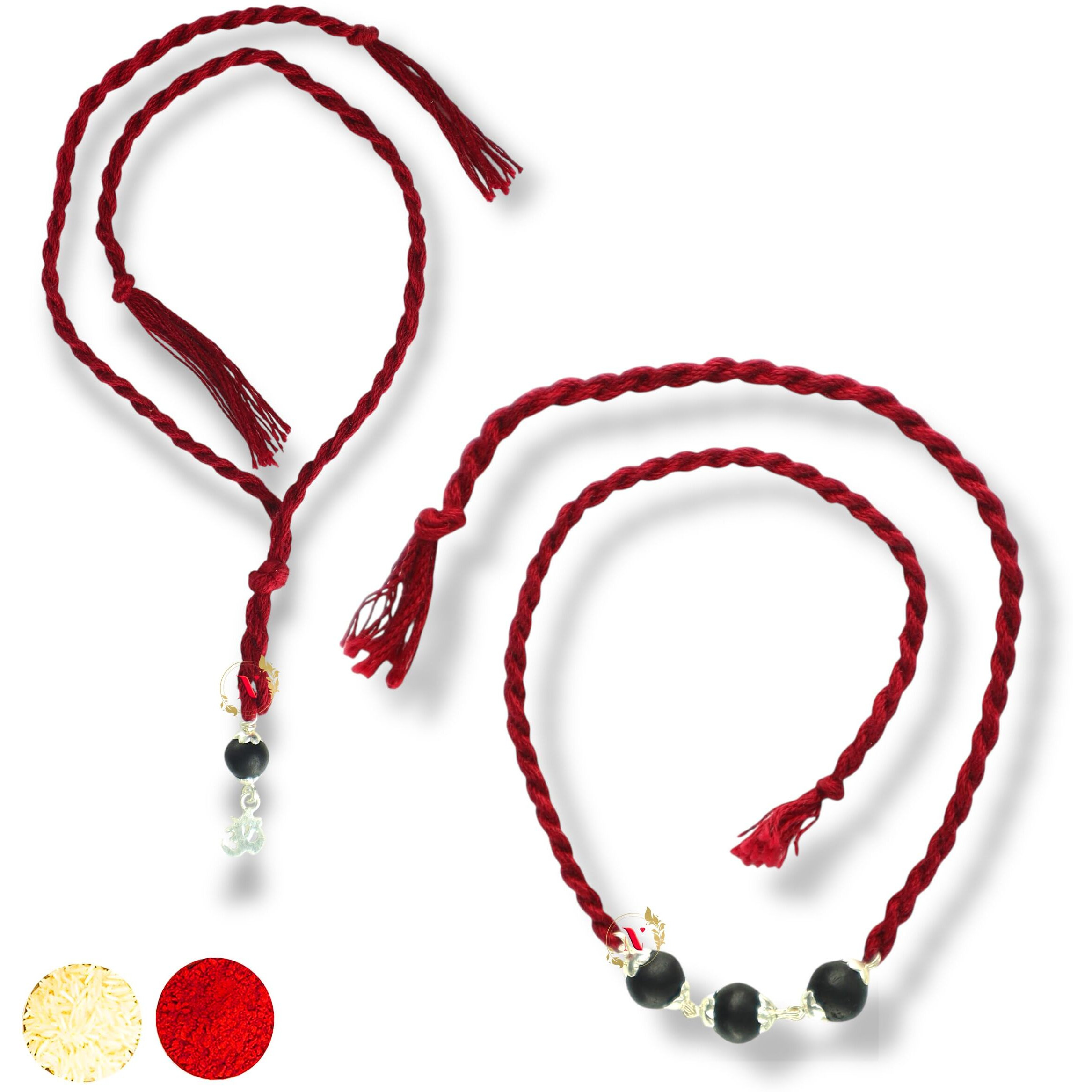 Njels 925 Silver Rakhi Bracelet For Brother | Combo Karungali Rakhi For Bhai And Bhabhi | Silver Rakhi For Brother With Pure Cotton Thread | 3 Karungali Beads