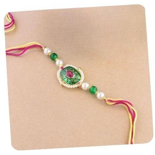 I Jewels Rakshabandhan Designer Handcrafted Pearl & Kundan Bhaiya Rakhi With Roli Chawal For Brother/Bro/Men (R110G)