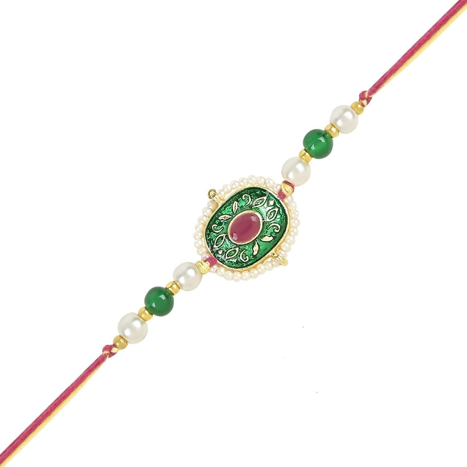 I Jewels Rakshabandhan Designer Handcrafted Pearl & Kundan Bhaiya Rakhi With Roli Chawal For Brother/Bro/Men (R110G)