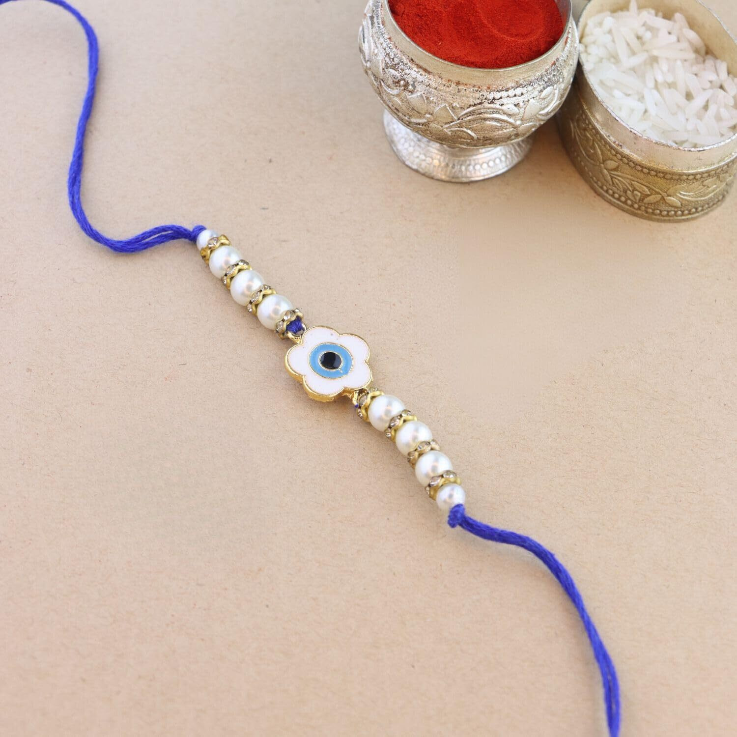 I Jewels Enamel Floral Shape Evil Eye Rakhi With Roli Chawal & Rakshabandhan Card For Bhaiya/Brother/Bro/Men (R125)